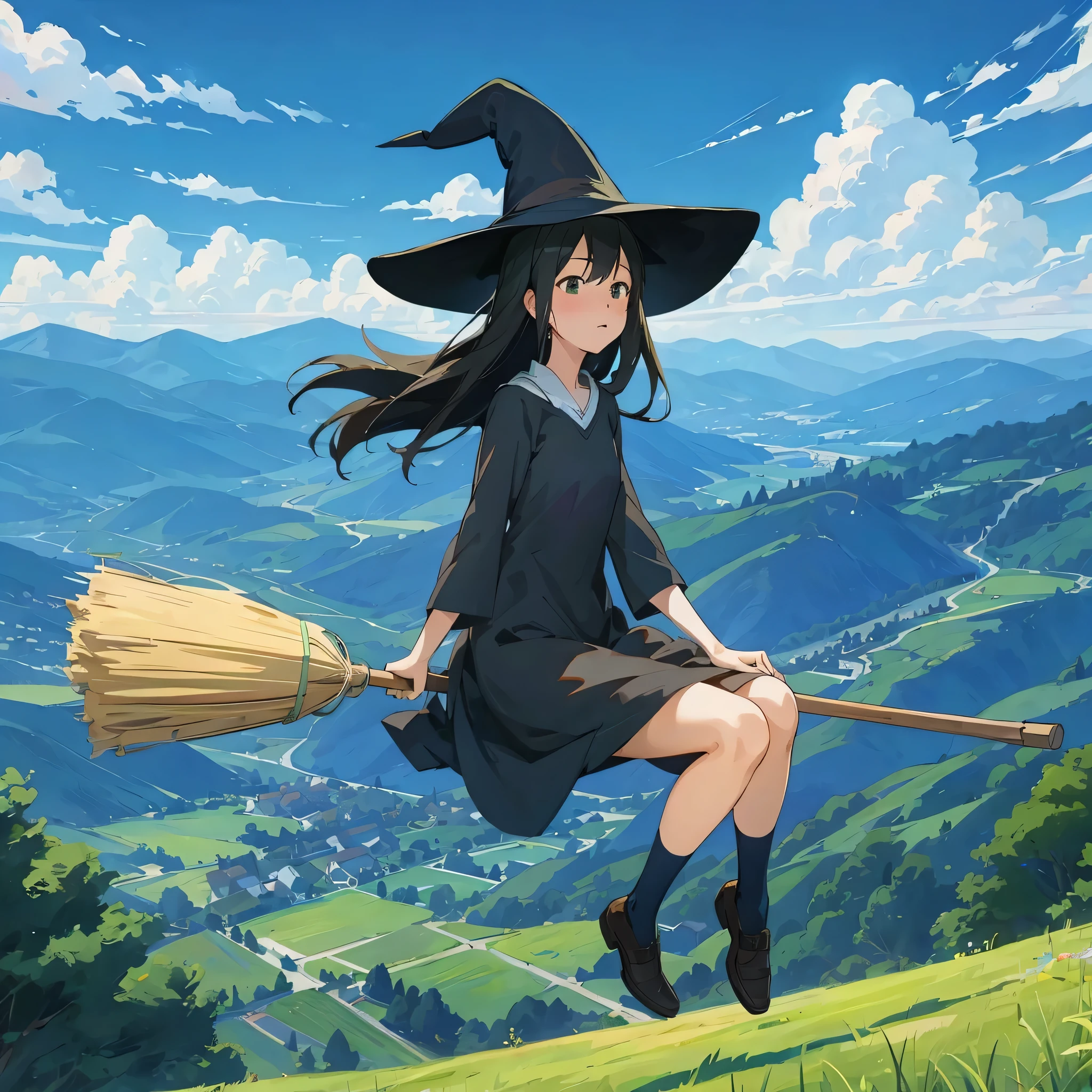 fix the face,((((Flying Witch))),((Hold the broom between your inner thighs:magic:rides:Flight)),Sit on a broom,Ride a broom,Straddling a broom,fantasy,beautiful light and shadow,be familiar with,((landscape:blue sky:summer)),A fresh green mountain below々,summerの日差し,anatomically correct,masterpiece,perfect face,cute face