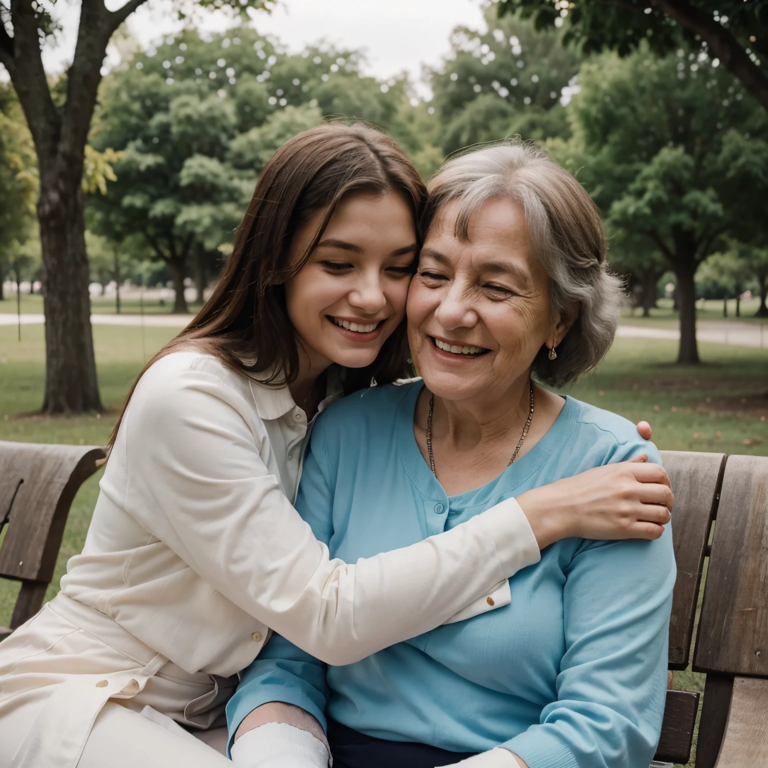 The image shows a young woman (20 years) hugging an elderly woman (75 years) in the park. Both are smiling and appear to be enjoying each other's company.