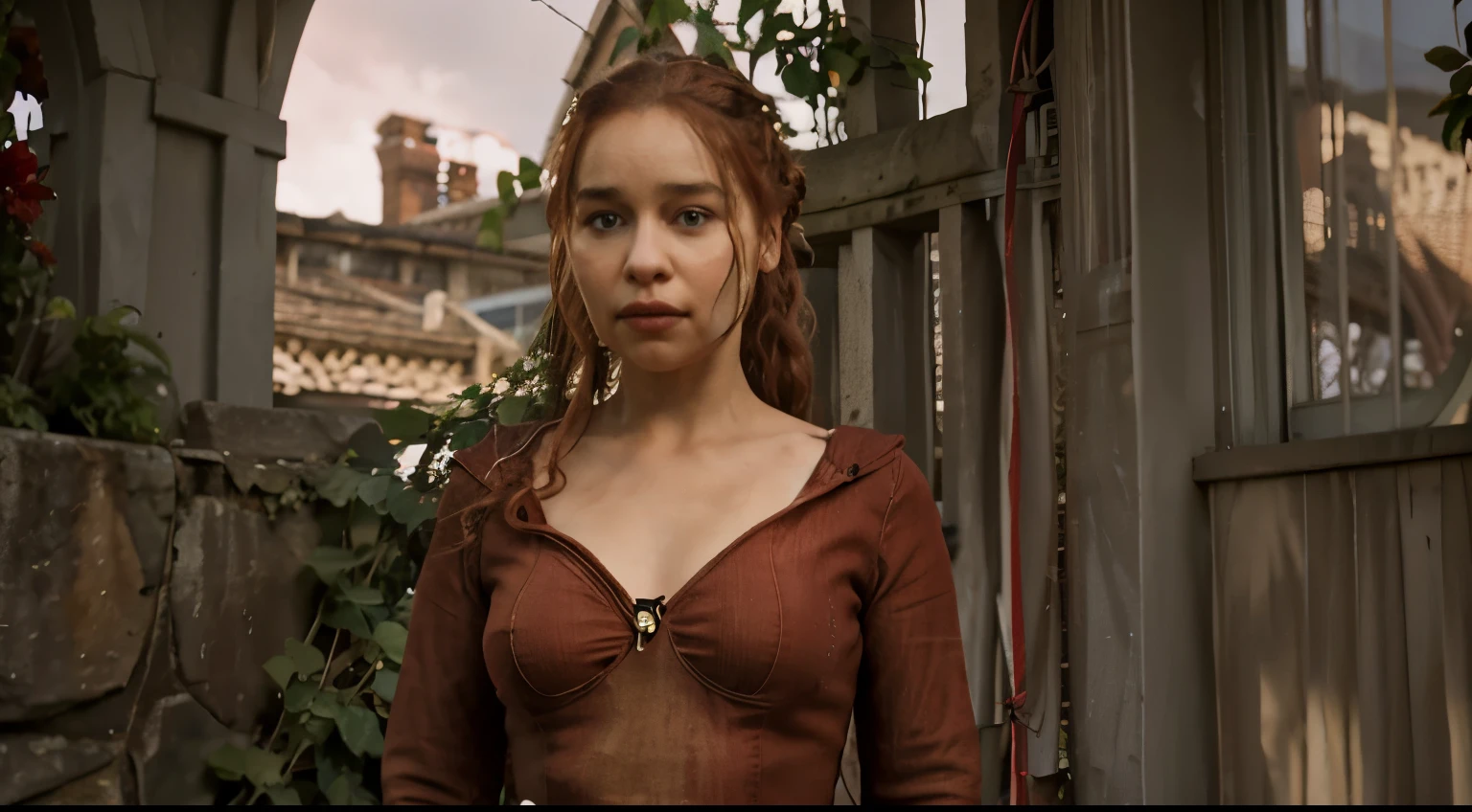 shot of emilia clarke extremely long red hair, bright green eyes, ivy poison from dc, big neckline, old dirty red jacket with an opening, small vines around the body, enjoying the plants in a beautiful garden, photorealistic, cinematic, overcast, full body angle, sunlight, 4k resolution, hyperdetailed, cinematic scene composition by james gunn