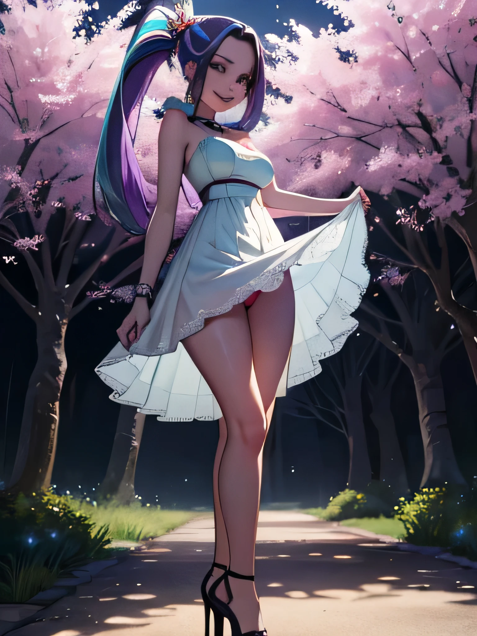 aria blaze from my little pony ,aria blaze as a girl , Slender body , (((((original hair style))))) ,(((wind blowing))), out door ,(((night))) , (((cherry tree jungle in background))) , (((catwalk toward viewer))), (((posing))),(((wear short sheer lace transparent revealing naked dress))) , (((erotic ))), (((wicked smile))) , breasts are visible , (((wear high heels))) ,pubic hair ,feet , full body is visible , bracelets , big breasts , lush breasts , Bulky Breasts , voluminous breasts ,(((look at to viewer ))), (((eye contact))), (((high quality))) , (((detailed))) ,(((((foot fetish))))) ,(((lift up her skirt))),(((((upskirt))))) ,(((can see her pantie))) , front view