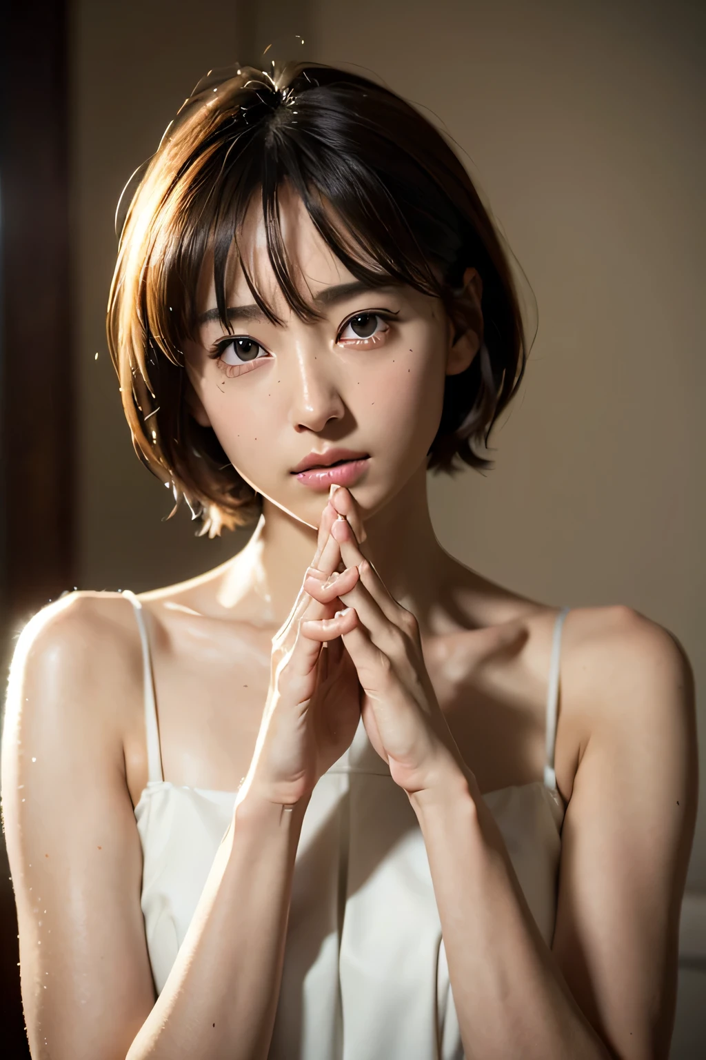 8k、live-action version、clear eyes、beautiful feet、beautiful girl、知的なbeautiful girl、skinny、high nose、sad expression、beautiful skin、no makeup、handsome face、short hair、slimming、beautiful hands、long fingers、thin fingers、Pose with your hands、