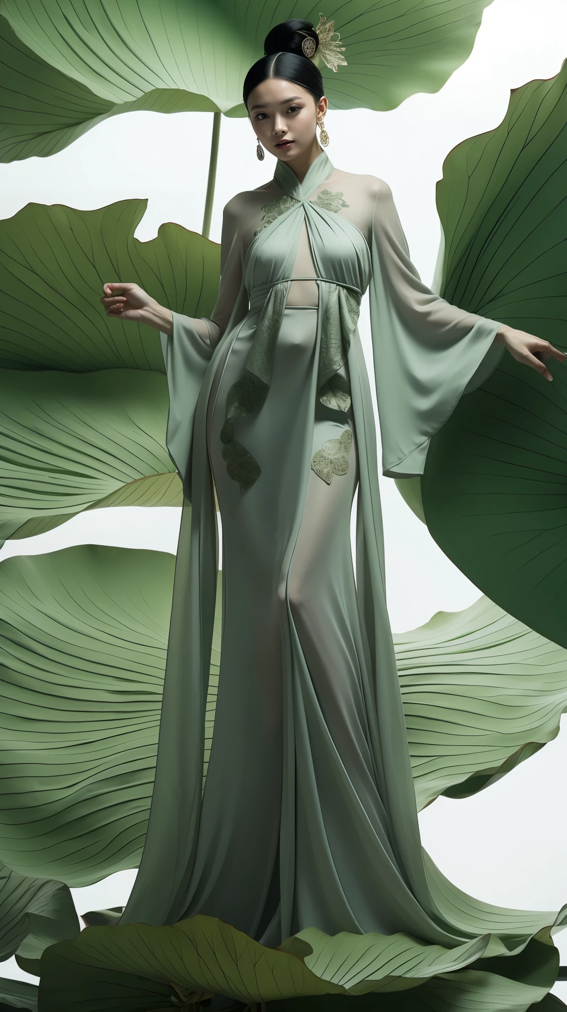 ((Best quality)), ((Masterpiece)), ((Realistic)), 1girl, solo,lotus_leaf_fairy,fullbody shoot，beautiful，Dynamic movements, anatomically correct, traditional Chinese clothing, design, ultra-clear, extreme details