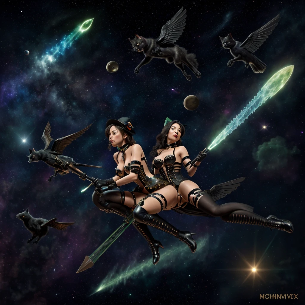 steampunk, several sexy witches are riding their flying broomsticks in space, they are trying to catch a green comet. winged black cats chase and observe. nakedtape, sensual, sexy, enthralling