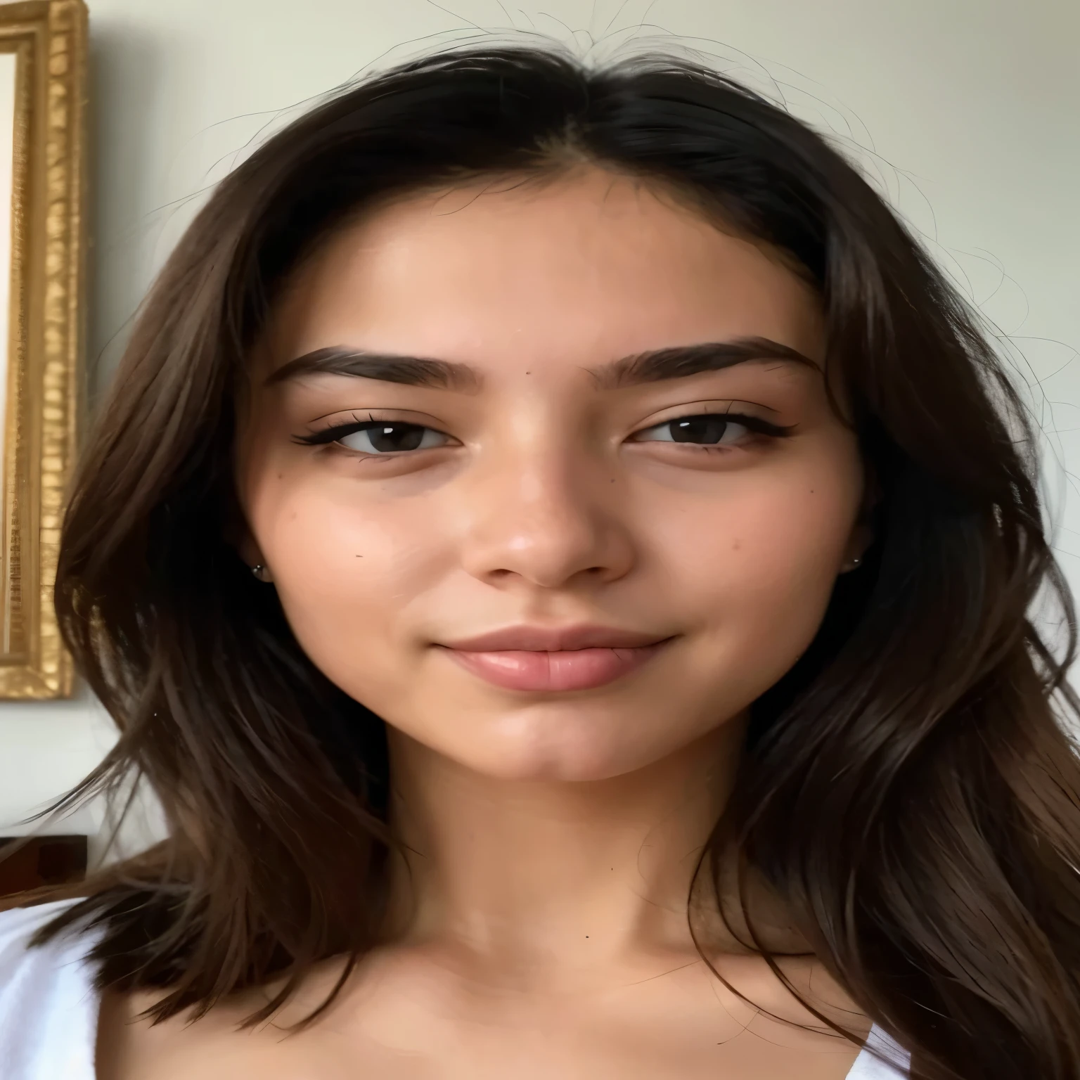 a close up of a woman with long hair and a white shirt, portrait sophie mudd, flawless olive skin, gorgeous latina face, violet myers, extremely beautiful face, clean perfect symmetrical face, perfect face ), good looking face, julia sarda, headshot profile picture, beautiful and symmetrical face, without makeup, flawless face, relaxed eyebrows
