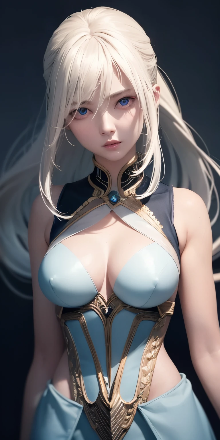 anime style、one person１８Beautiful woman of age、Moisturizing and beautiful eyes、ciri、picture、androgynous hunnuman、oval jaw、delicate features、beautiful expression、beautiful blonde hair、long bangs、long ponytail、Blue eyes with a beautiful glow、LDS Art,Fashion model 25 years old、[[[[Close-up]]]]、[[[[chest]]]]、[[[[head]]]]、[[[[shoulder]]]]、perfect eyes、Perfect iris、perfect lips、perfect teeth、perfect skin、soft front light、glow、HDR、(calm color 1.2),1 female,in the dark, film grain, Award-winning photo, (shades of green:0.5), looking to the side, redhead