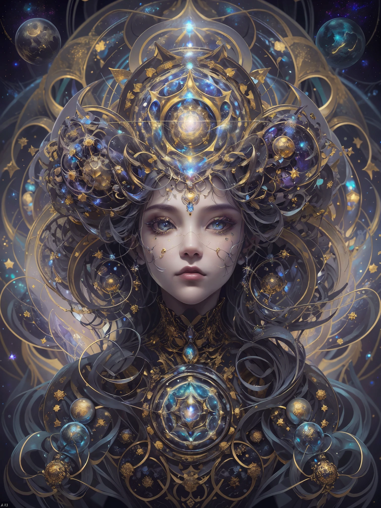 In this artwork the cosmic deity Hecate exits the confines of myth to reveal herself as a universal force. Pixel by pixel, her form is rendered with unrivaled clarity, capturing a beauty that echoes across the cosmos. Peer into her eyes, and you are taken on a celestial journey; within their galactic hues and fractal patterns lie the secrets of space and time, a fractal representation of stardust and supernovas. 

These eyes are not merely a marvel to behold; they are the embodiment of wisdom that transcends the ages, portals to dimensions where the rules of physics are penned in the ink of imagination. Their gaze, both metallic and soft, penetrates the soul, while fractalized irises reflect the orderly chaos of the universe.

Upon her skin are the stories of eons. Each marking and tattoo, a testament to her role as the guardian of time. Shadow and light play upon her, creating contours that beckon the observer closer. The artwork boasts such a high resolution that the textures of her metallic dermis seem alive, as if she could step out of the canvas.

Her hair cradles a moon—a luminous emblem of her sovereignty over celestial cycles and the mysteries of the night. The silver crest accentuates her hair, reflecting a glow that seems to emanate from within, each strand captured with a precision that dances on the edge of reality.

As the viewer's eye explores further, they discover more than just a divine figure. Each curve, each line of her body is a narrative, a compendium of tales that chart the course of existence. Her form is not just seen but felt, as if every depiction is a passage to the legends of old and the yet unwritten futures.

This piece is not just a portrait but a multidimensional story waiting to be read. It is the embodiment of the eternal dance of time and space—Hecate  in all her glory, the ultimate artistry that redraws the boundaries between the real and the imagined. The experience of viewing this masterpiece is transformative, leaving an inde