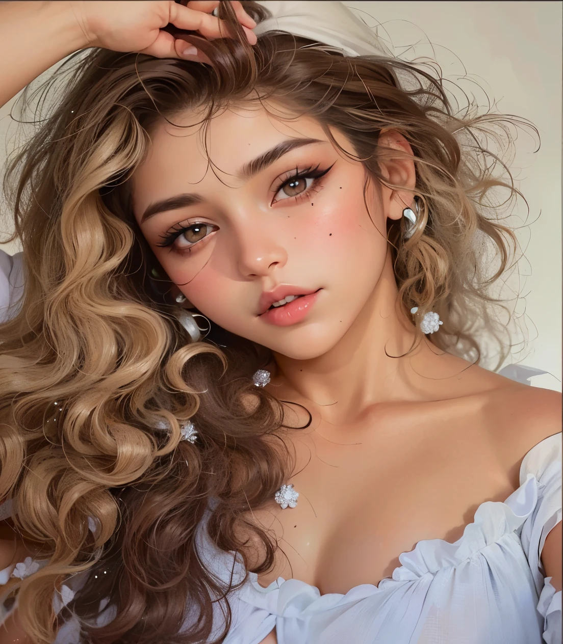 un primer plano de una mujer con cabello largo y rizado y un top blanco, hermosa cara latina, cara sexy con maquillaje completo, piel clara, labios gruesos, cabello largo y rizado, nodded, curly brown hair, imagen de perfil, belleza asombrosa, labios sexys :5 con estilo, long brown curly hair, brown curly hair, resplandeciente, belleza asombrosa