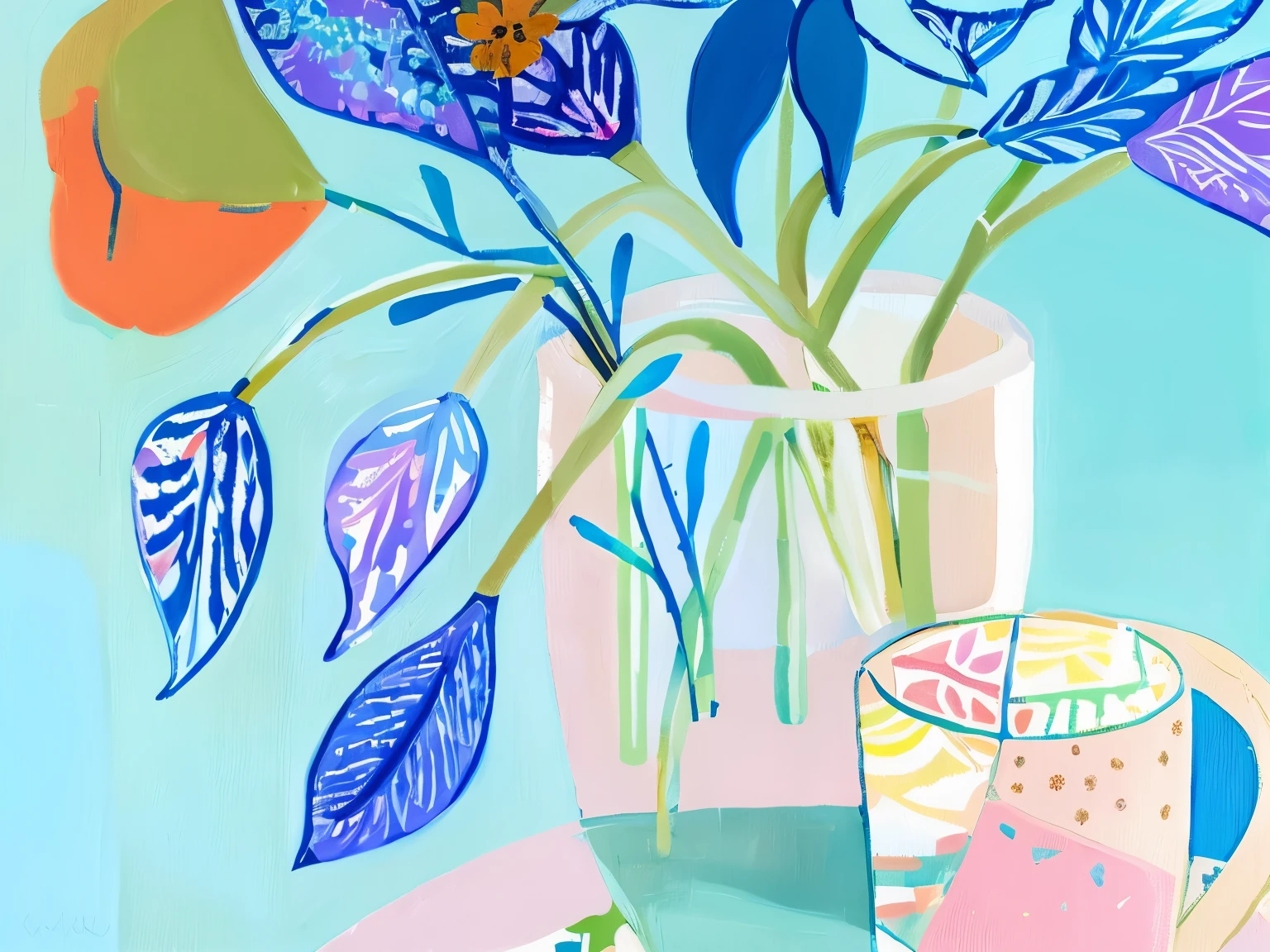 pintura de um vaso com flores e um prato sobre uma mesa, inspirado em Maksimilijan Vanka, inspirado em Pacita Abad, inspirado em Margaret Boden, inspirado em David Hockney, inspirado em Diane Dillon, inspirado em Charles Ginner, inspirado por Grace Cossington Smith, inspirado em Annabel Kidston, full color mixed media painting