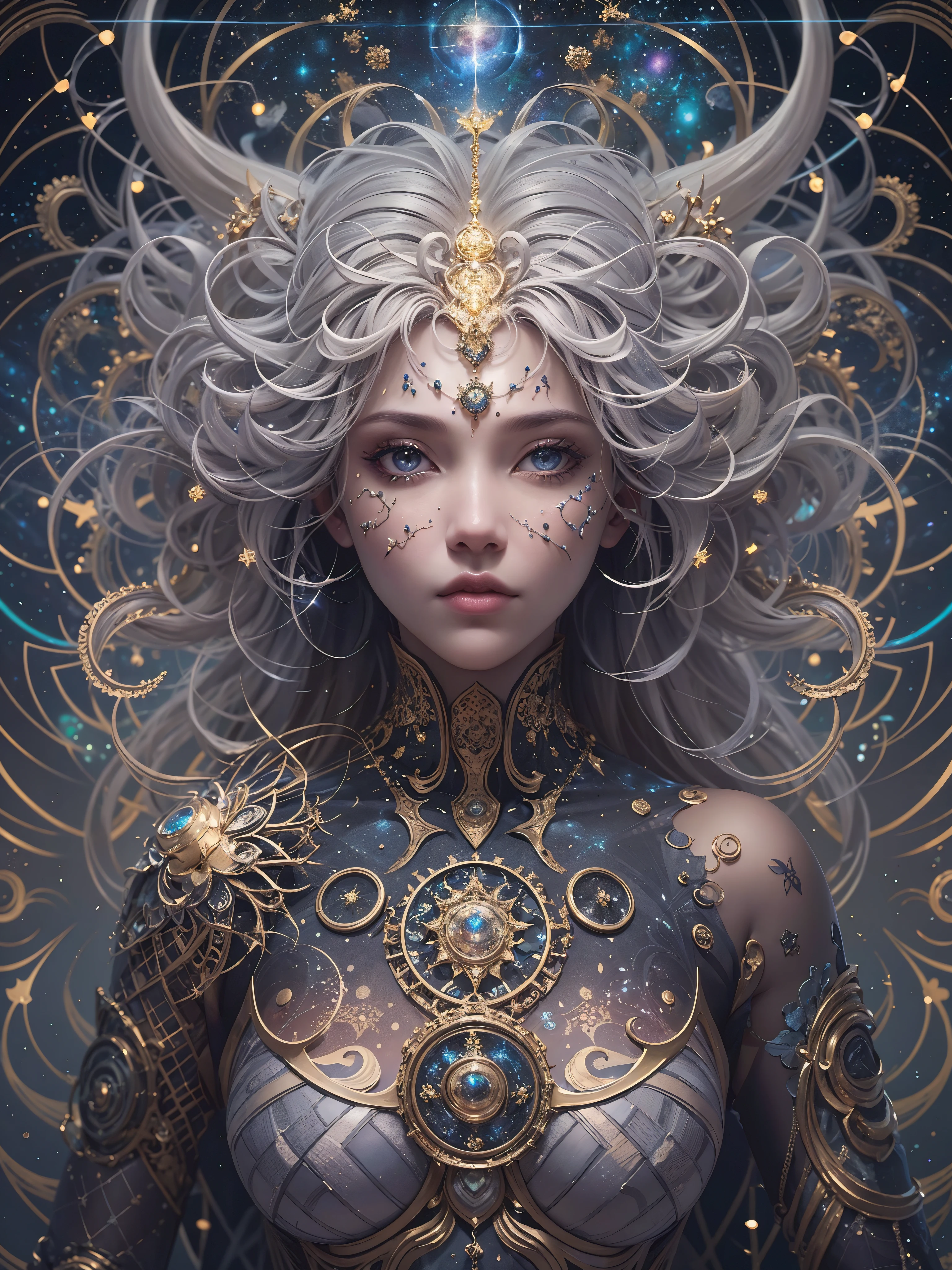 In this artwork the cosmic deity Hecate exits the confines of myth to reveal herself as a universal force. Pixel by pixel, her form is rendered with unrivaled clarity, capturing a beauty that echoes across the cosmos. Peer into her eyes, and you are taken on a celestial journey; within their galactic hues and fractal patterns lie the secrets of space and time, a fractal representation of stardust and supernovas.
These eyes are not merely a marvel to behold; they are the embodiment of wisdom that transcends the ages, portals to dimensions where the rules of physics are penned in the ink of imagination. Their gaze, both metallic and soft, penetrates the soul, while fractalized irises reflect the orderly chaos of the universe.
Upon her skin are the stories of eons. Each marking and tattoo, a testament to her role as the guardian of time. Shadow and light play upon her, creating contours that beckon the observer closer. The artwork boasts such a high resolution that the textures of her metallic dermis seem alive, as if she could step out of the canvas.
Her hair cradles a moon—a luminous emblem of her sovereignty over celestial cycles and the mysteries of the night. The silver crest accentuates her hair, reflecting a glow that seems to emanate from within, each strand captured with a precision that dances on the edge of reality.
As the viewer's eye explores further, they discover more than just a divine figure. Each curve, each line of her body is a narrative, a compendium of tales that chart the course of existence. Her form is not just seen but felt, as if every depiction is a passage to the legends of old and the yet unwritten futures.
This piece is not just a portrait but a multidimensional story waiting to be read. It is the embodiment of the eternal dance of time and space—Hecate in all her glory, the ultimate artistry that redraws the boundaries between the real and the imagined. The experience of viewing this masterpiece is transformative, leaving an inde
