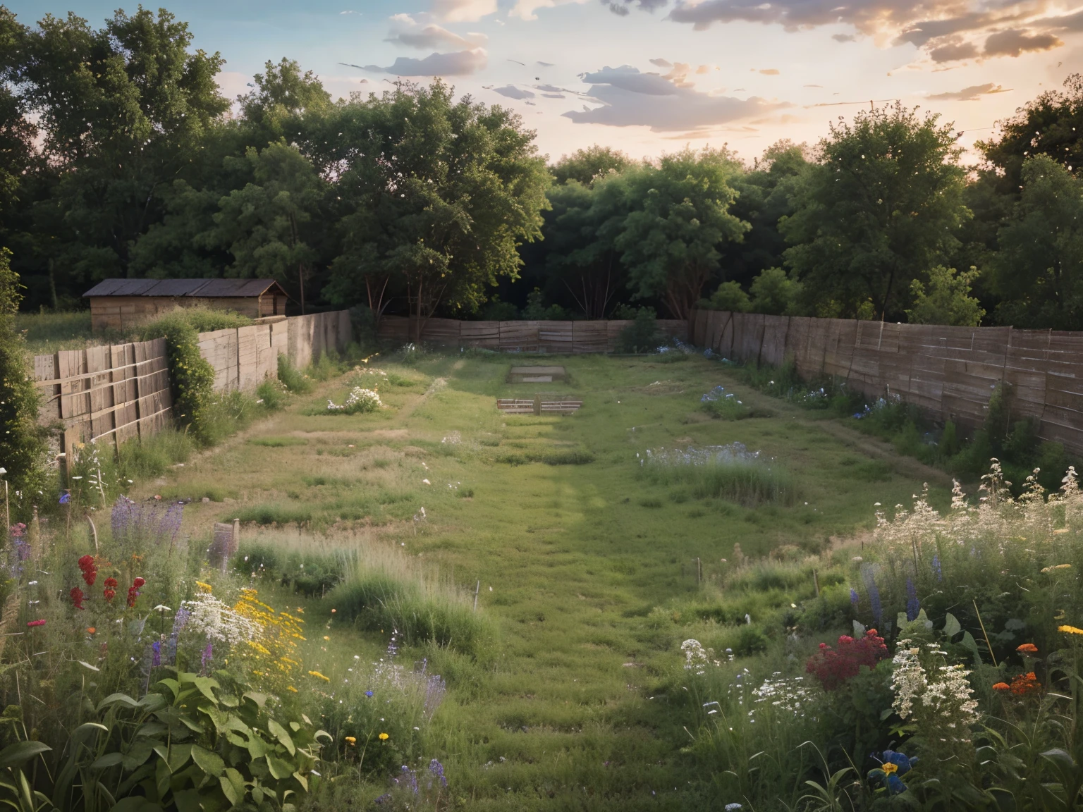 overgrown yard of an abandoned Russian village, fence, Wildflowers,a lot of different tall grass,many small details, botanical, Hyperrealism, good photo quality, high detail