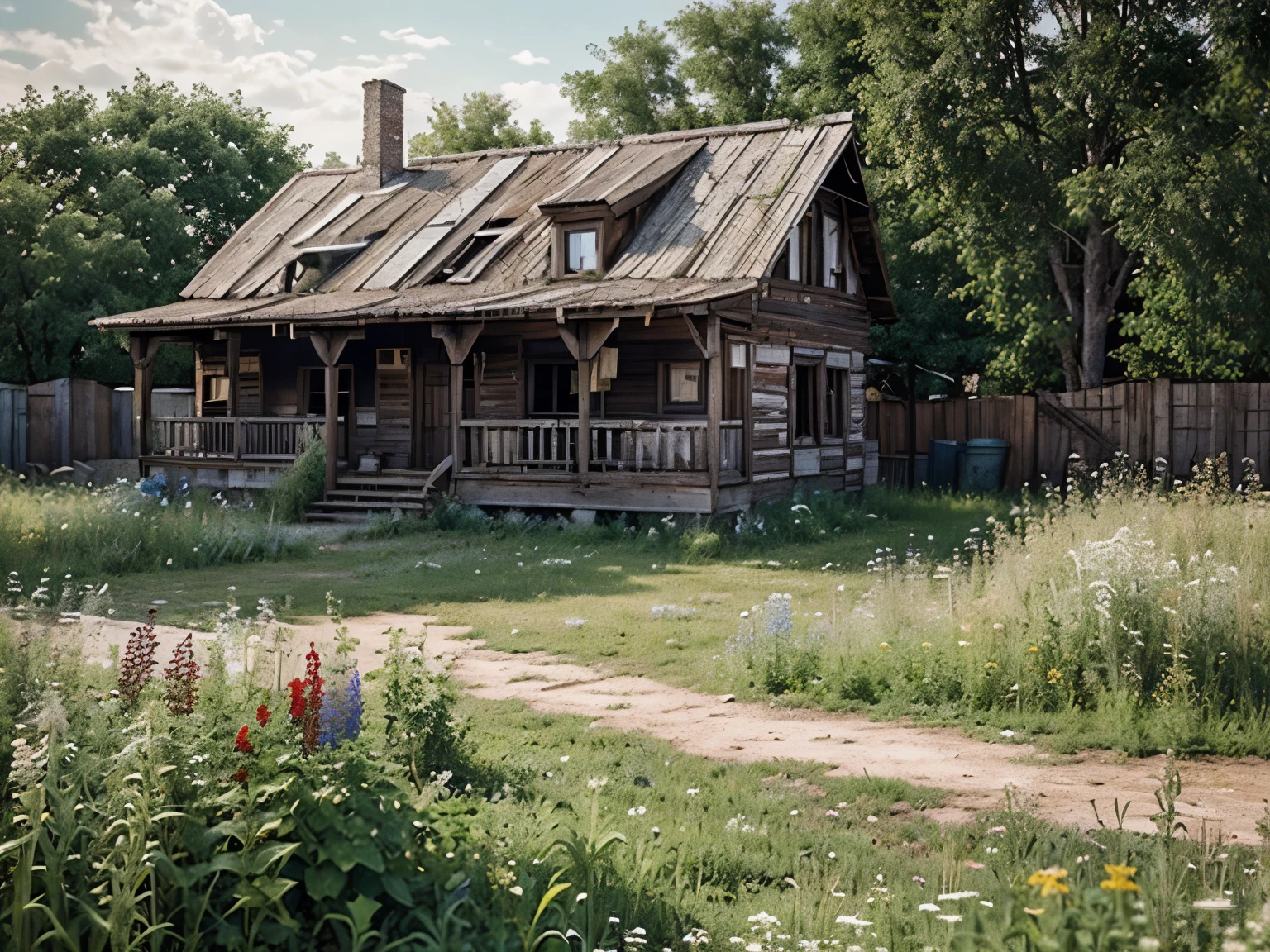 overgrown yard of an abandoned Russian village, fence, Wildflowers,a lot of different tall grass,many small details, botanical, Hyperrealism, good photo quality, high detail