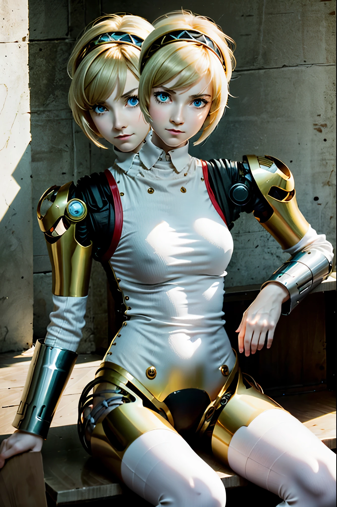 (2heads), 1girl, solo, ((masterpiece, best quality))
Persona3Aigis, 1girl, solo, robot, blonde hair, blue eyes, full body, emotionless, frown, sitting