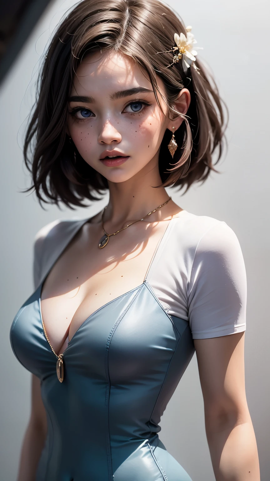A very beautiful, well-groomed girl, with clear skin, the usual features, beautiful lips, and a slight smile on her face. beautiful figure, modern clothes, cool modern couture dress. presentation background, neutral gray-blue, in virtual space. top quality, 16K. FULL HD, cinematic rendering. Create a piece of art that captures baby Michela's unique beauty., Famous Digital Influencer. Focus on her unique facial expression as she looks straight into the camera, trying to capture the intensity of her piercing blue eyes. Accurately capture her signature style with a Spanish-style hairstyle styled in two carefully crafted chignons. Add details that reflect her charming and avant-garde personality. We took care to convey the aura of modernity and originality that characterizes Lil Miquela in the digital world ., Some freckles and nevi, and short hair wrapped