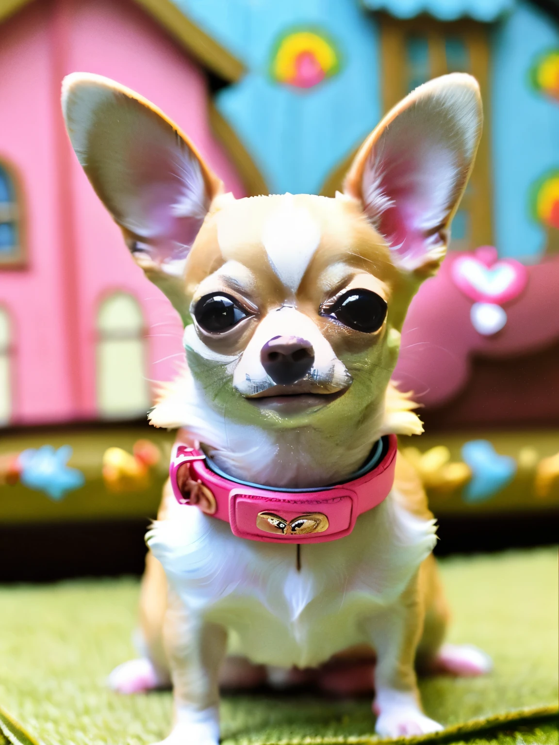 happy fawn chihuahua, wearing a princess collar, sitting, smile, Big eyes, house background, pixer style, ....3D, comics, detailed face, Asymmetrical 16K