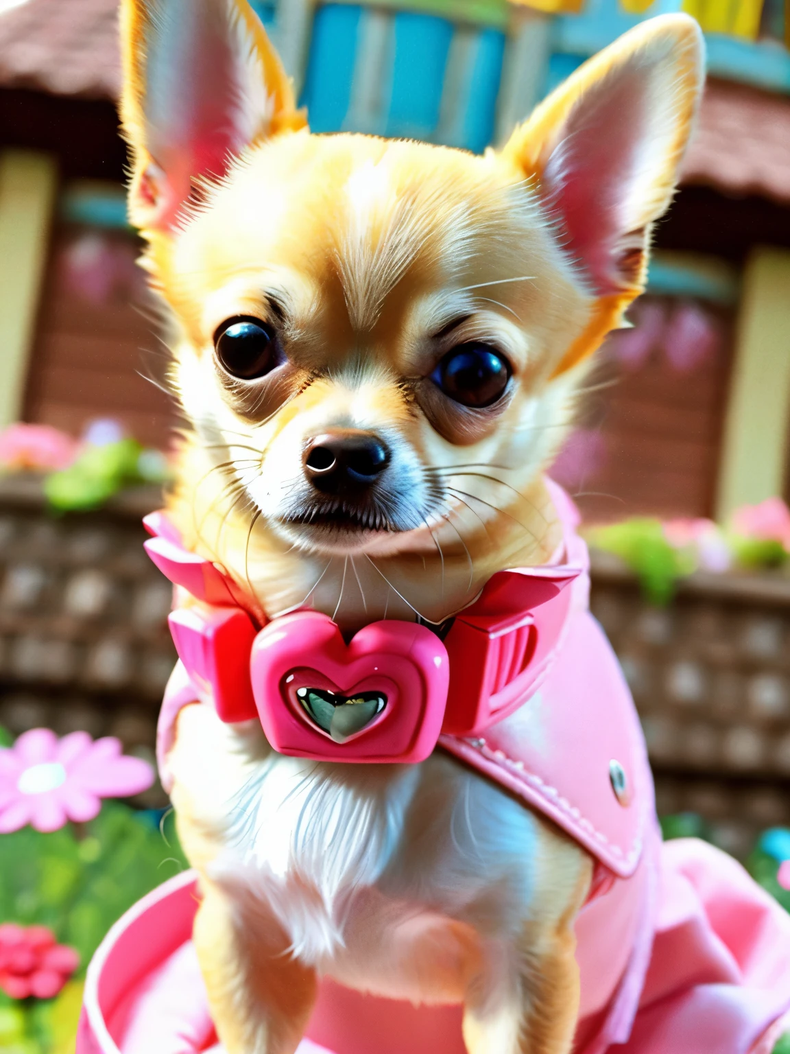 happy fawn chihuahua, wearing a princess collar, sitting, smile, Big eyes, house background, pixer style, ....3D, comics, detailed face, Asymmetrical 16K