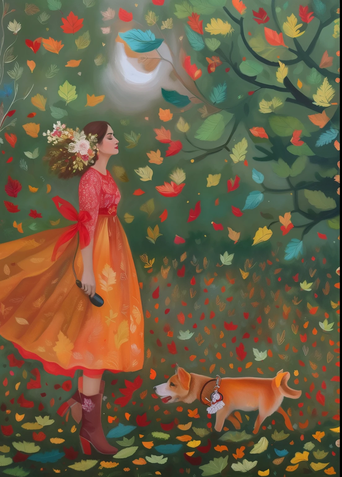 pintura de uma mulher com um vestido vermelho e um cachorro em um campo, arte caprichosa, arte linda, ilustrado em estilo caprichoso, o vento sopra as folhas, penas chovendo, linda arte, Direction: Silvia Dimitrova, vento soprando folhas, por Noe Canjura, magical leafs falling, beautiful autumn spirit, por Silvia Pelissero, lindamente ilustrado, colorful illustration