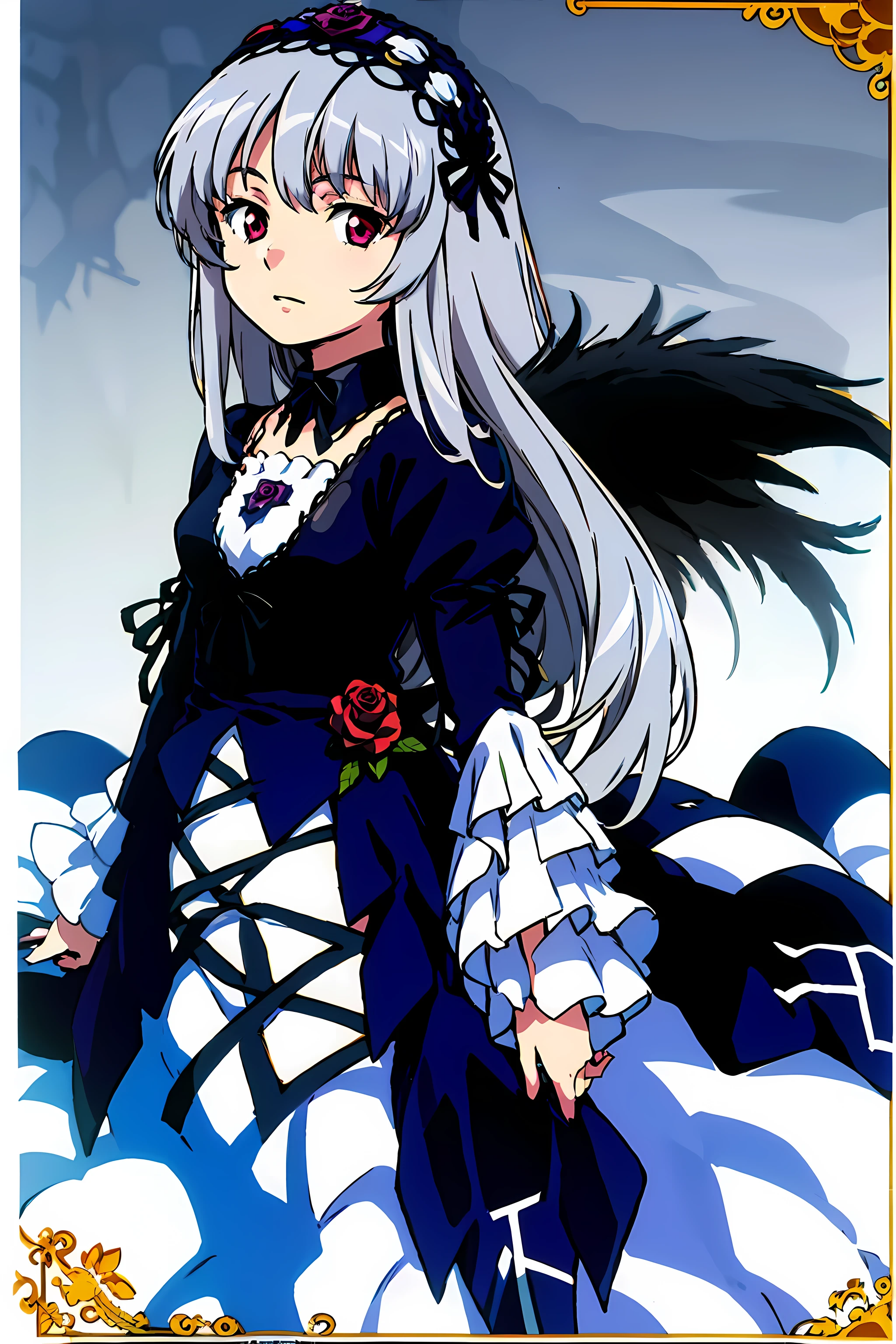 highest quality,ultra-be familiar with,High resolution,extremely be familiar with CG,unity 8k wallpaper,official art,be familiar with,super be familiar with skin,perfect anatomy,beautiful be familiar with eyes,
((anime screenshot)),very delicate and beautiful,comics,90s anime,90s anime style,cel shaded anime,
1 girl,
SUI1,red eyes,long hair,gothic dress,gray hair,Rose hair ornament,long sleeve,gothic hairband,ribbon,black dress,Black wings,(slanted eyes:1.7),(:1.52),
Ammunea,shinkai makoto,