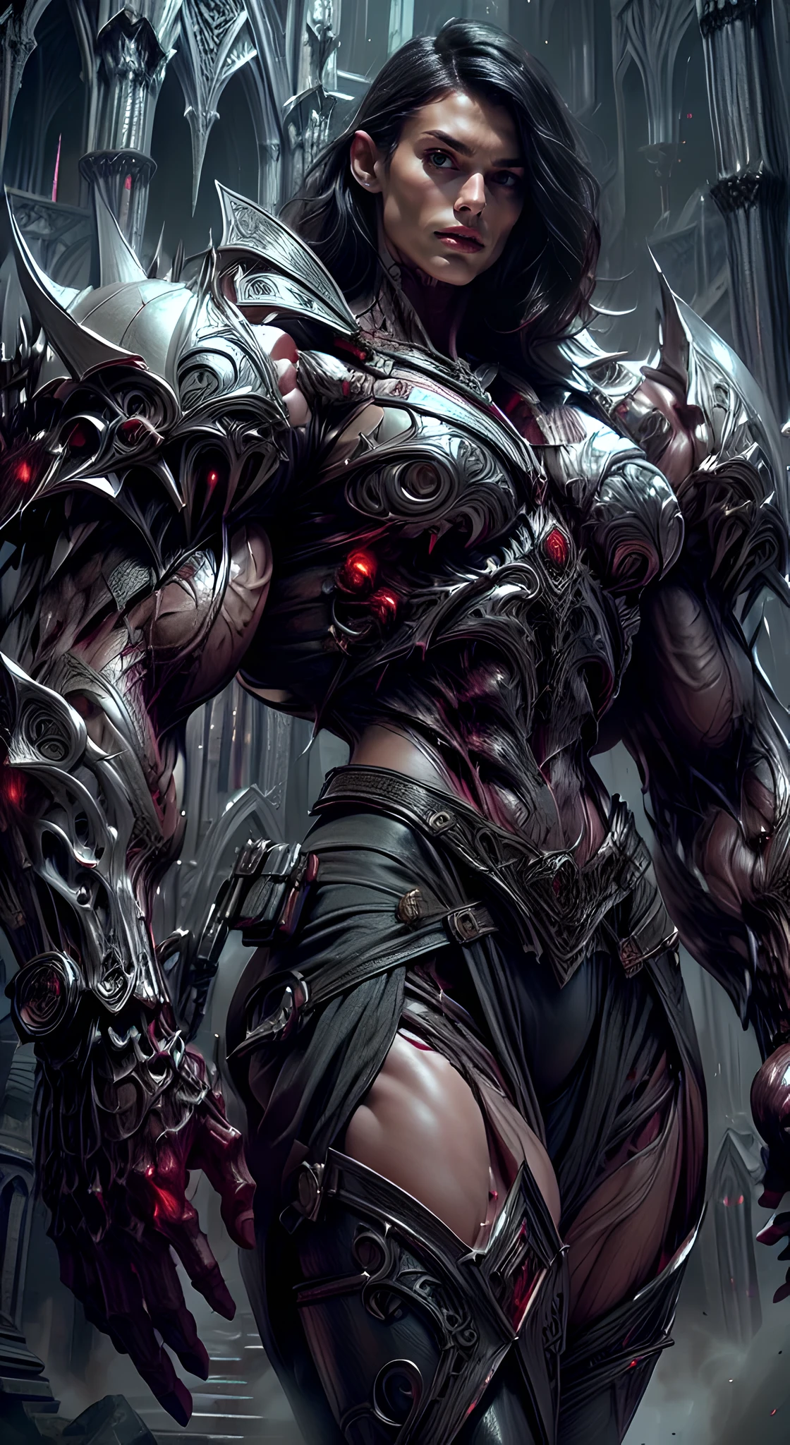 (1 girl), (megan fox:1.25), Beautiful vampire girl dressed in ornate medieval vampiric full body armor, (pure white skin:1.25), (perfect fingers:1.24), (extreme muscular definition:1.5), (vampiric body armor:1.25), (huge muscular arms:1.5,) (10-pack abs:1.4), (lots of veins:1.25), Ultra Realistic, Very detailed face and eyes, a true masterpiece, with an atmosphere of horror, gothica, blood, haunted cathedrals