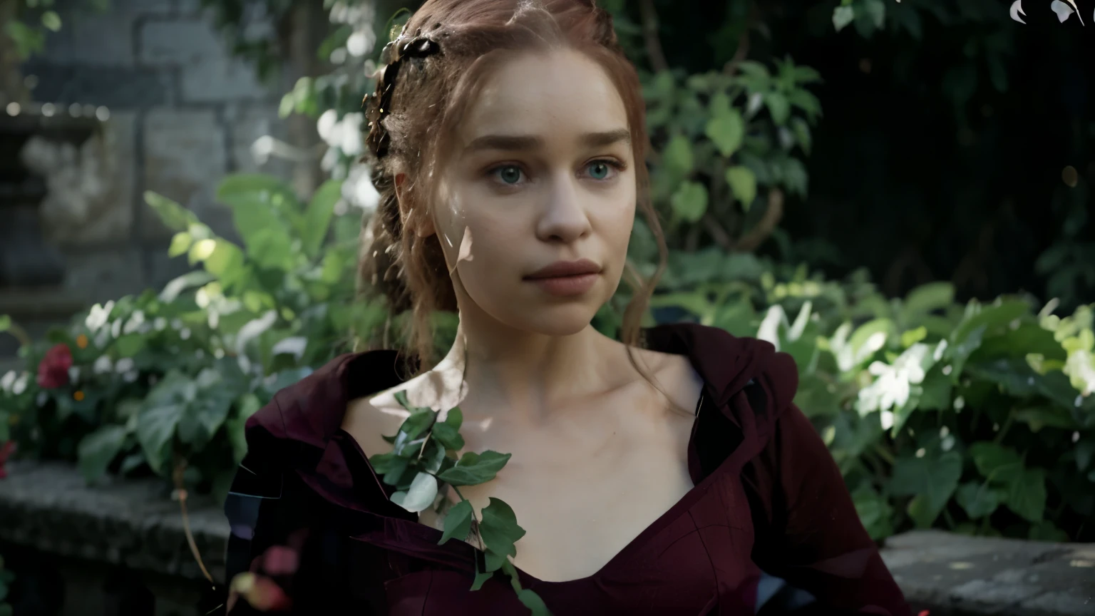 full body shot of emilia clarke extremely long red hair, bright green eyes, ivy poison from dc, big neckline, small vines around the body, enjoying the plants in a beautiful garden, photorealistic, cinematic, overcast, full body angle, sunlight, 4k resolution, hyperdetailed, cinematic scene composition by james gunn