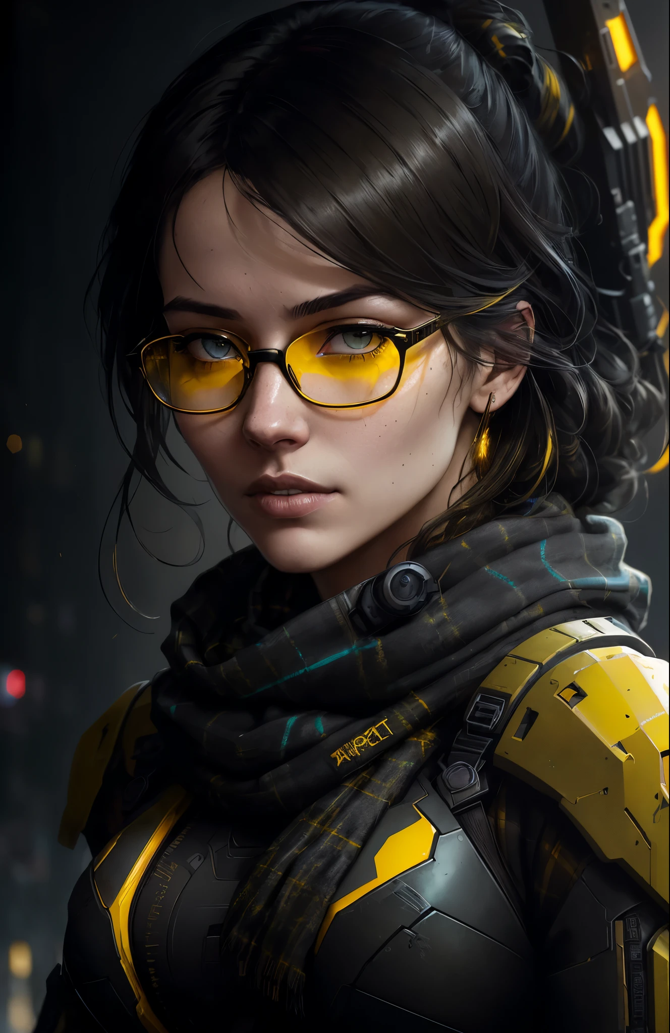 (dark shot:1.1), epic realistic, portrait of halo, glasses, blue eyes, tartan scarf, yellow hair by atey ghailan, by greg rutkowski, by greg tocchini, by james gilleard, by joe fenton, by kaethe butcher, gradient yellow, black, yellow color scheme, grunge aesthetic!!! graffiti tag wall background, art by greg rutkowski and artgerm, soft cinematic light, adobe lightroom, photolab, hdr, intricate, highly detailed, (depth of field:1.4), faded, (neutral colors:1.2), (hdr:1.4), (muted colors:1.2), hyperdetailed, (artstation:1.4), cinematic, warm yellow lights, dramatic light, (intricate details:1.1), dark background, (rutkowski:0.66), (teal and orange:0.4)