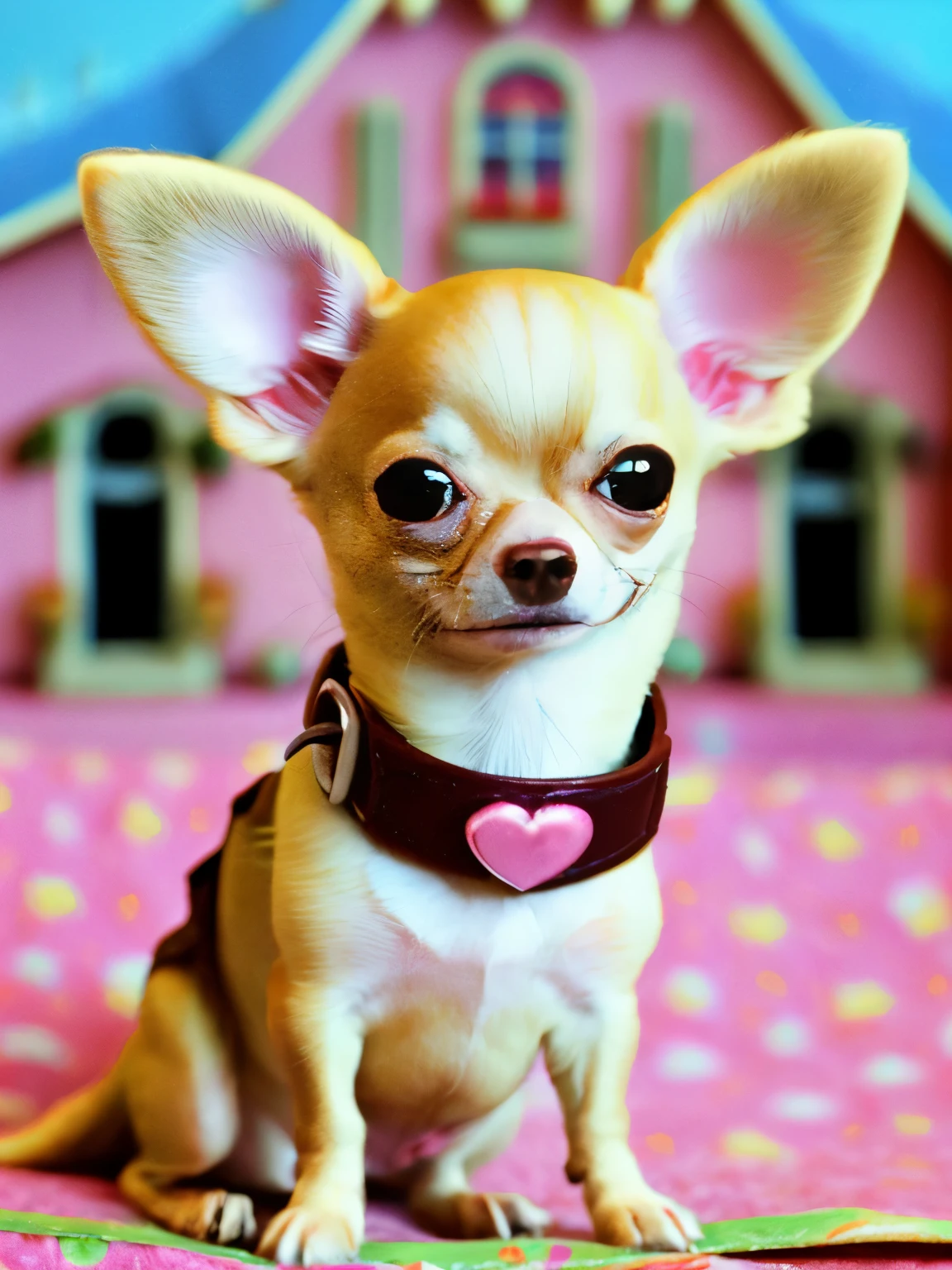 happy fawn chihuahua, wearing a princess collar, sitting, smile, Big eyes, house background, pixer style, ....3D, comics, detailed face, Asymmetrical 16K