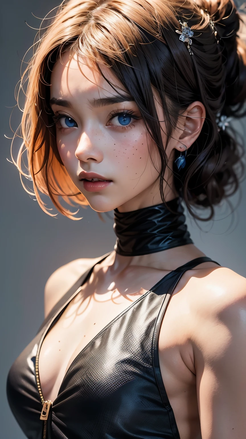 A very beautiful, well-groomed girl, with clear skin, the usual features, beautiful lips, and a slight smile on her face. beautiful figure, modern clothes, cool modern couture dress. presentation background, neutral gray-blue, in virtual space. top quality, 16K. FULL HD, cinematic rendering. Create a piece of art that captures baby Michela's unique beauty., Famous Digital Influencer. Focus on her unique facial expression as she looks straight into the camera, trying to capture the intensity of her piercing blue eyes. Accurately capture her signature style with a Spanish-style hairstyle styled in two carefully crafted chignons. Add details that reflect her charming and avant-garde personality. We took care to convey the aura of modernity and originality that characterizes Lil Miquela in the digital world ., Some freckles and nevi, and short hair wrapped