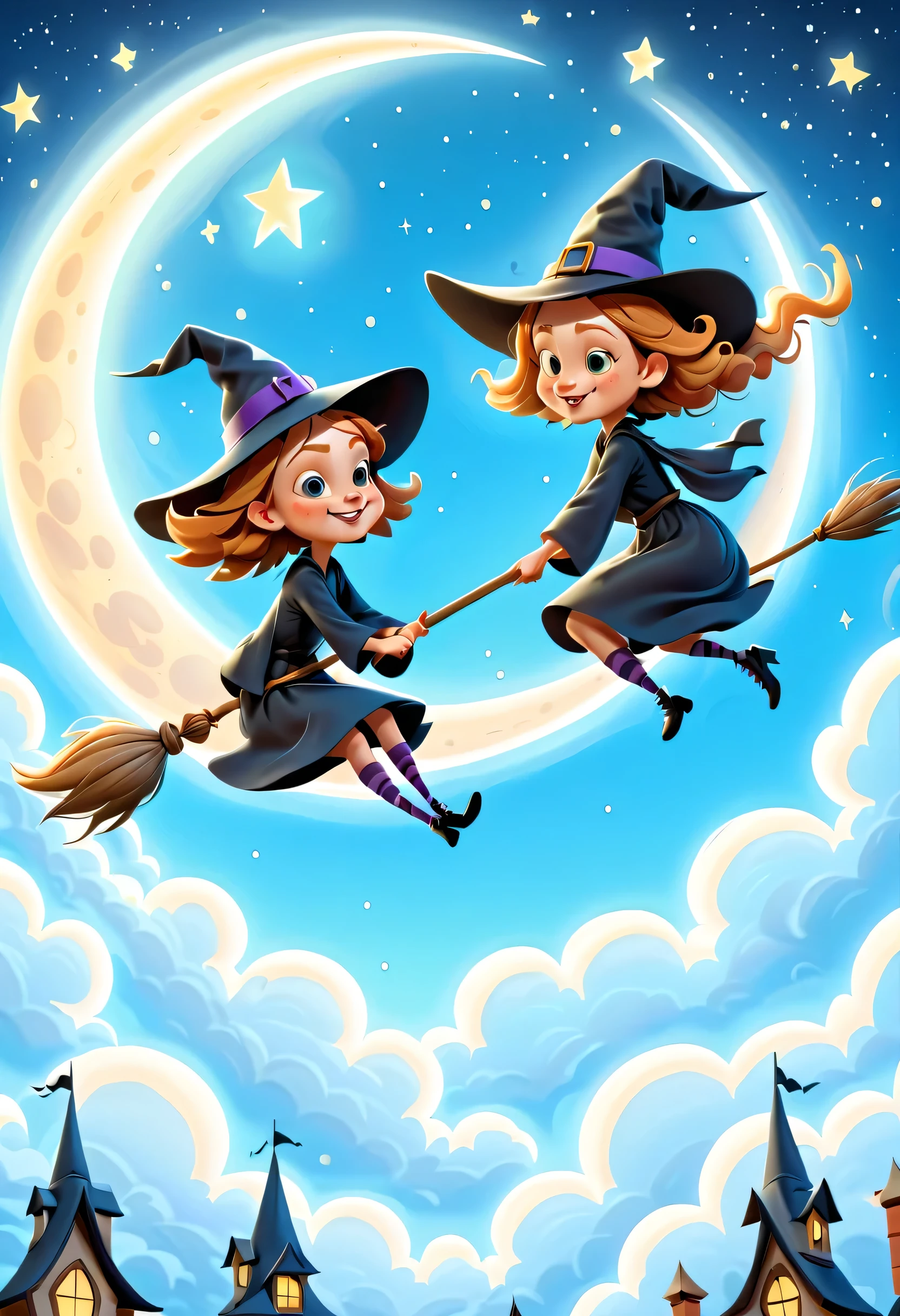 illustration：in the sky，Two witches flying on broomsticks，air racing，fluffy clouds，Fly to the huge moon，Rear view，glistening stars，dreamy blue sky，inspired by"harry potter"