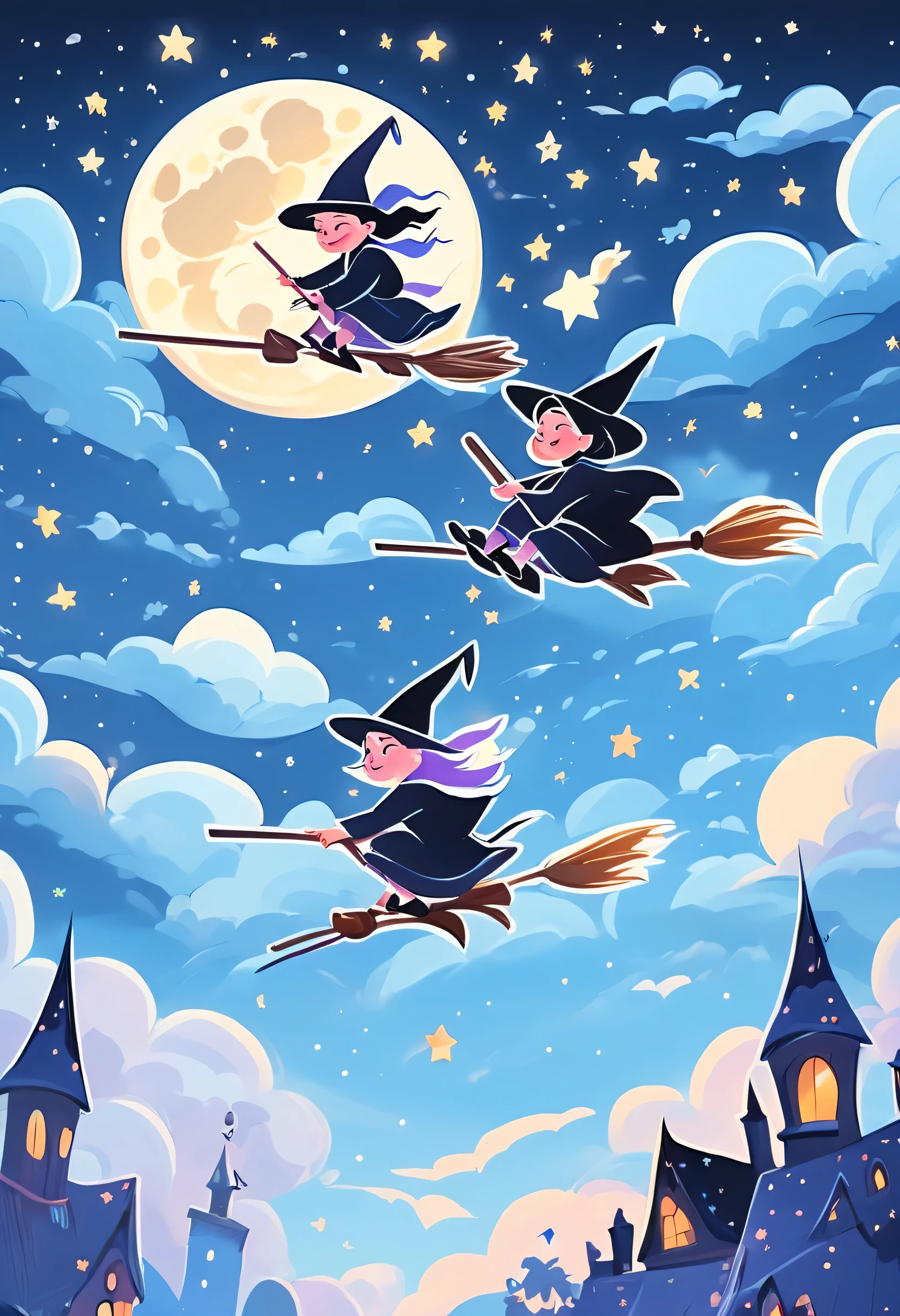 a cartoon illustration：Graffiti，in the sky，Two happy witches flying on broomsticks，air racing，fluffy clouds，Fly to the dreamy moon，Rear view，glistening stars，dreamy blue sky，