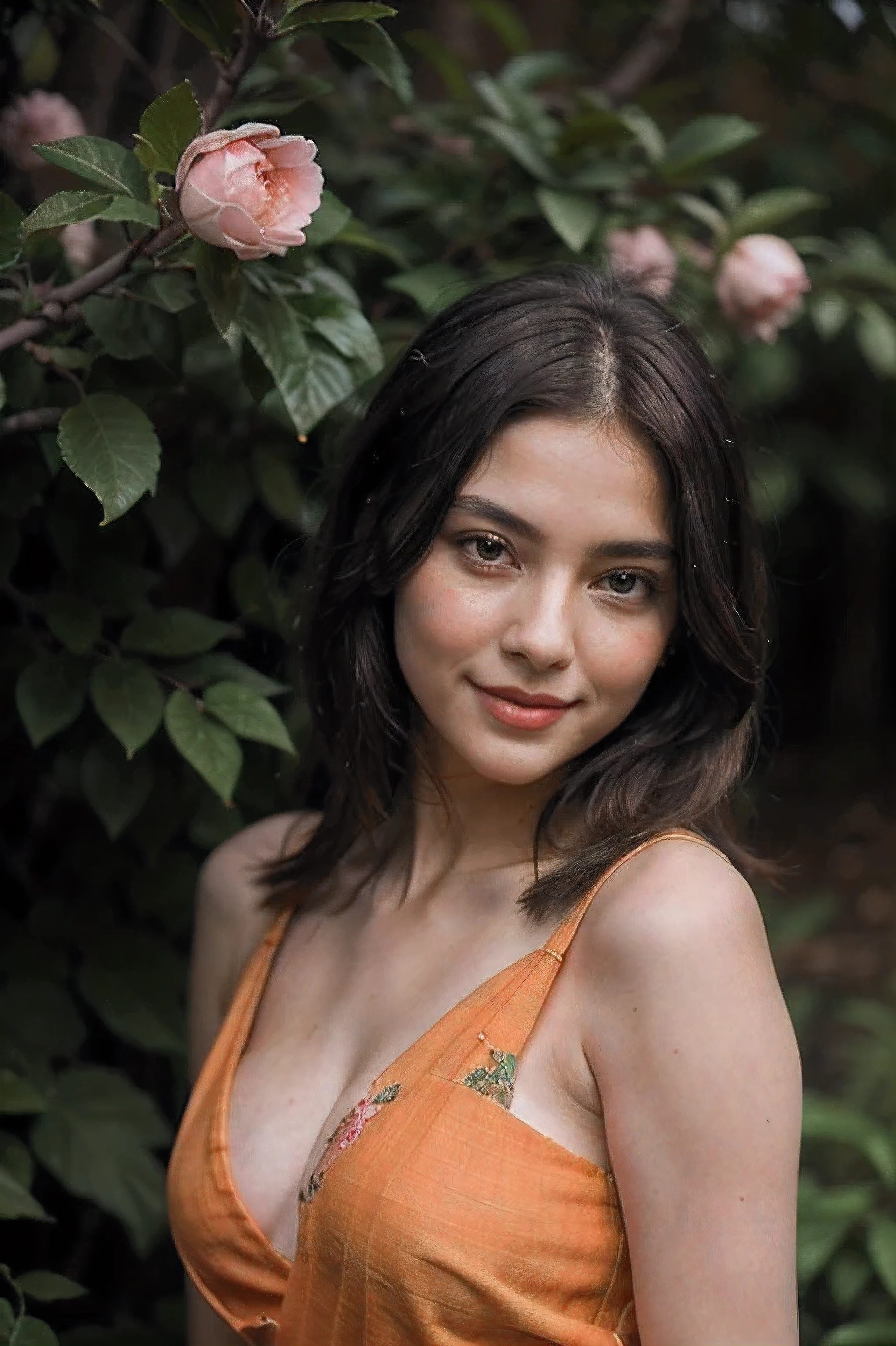 "A vibrant young woman with smooth almond skin and long, flowing hair the color of hazelnut stands amidst lush nature. Wrapped in an orange and pink Sari embroidered with flowers that rivals the radiance of her smile, she exudes grace. Head tilted as she gazes directly at you, her large dark eyes glint with a hint of shyness. The corner of her full lips tug upwards ever so slightly, revealing a set of darling dimples in her cheeks that complement the glow of youth and vitality in her graceful form."