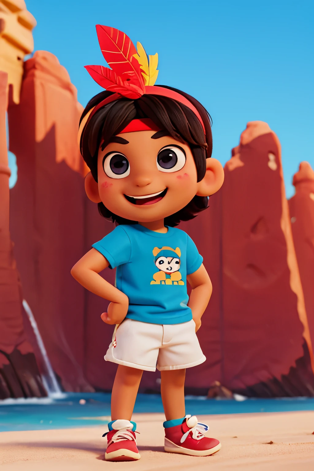 an Indian from South America but precisely from Brazil in a chibi style cartoon with a happy expression. The character has short dark hair and wears a headband with 3 red feathers., verdes e azuis. He has big eyes from ear to ear, blue t-shirt, white shorts and sneakers, na praia, with the head more than the body, na praia.