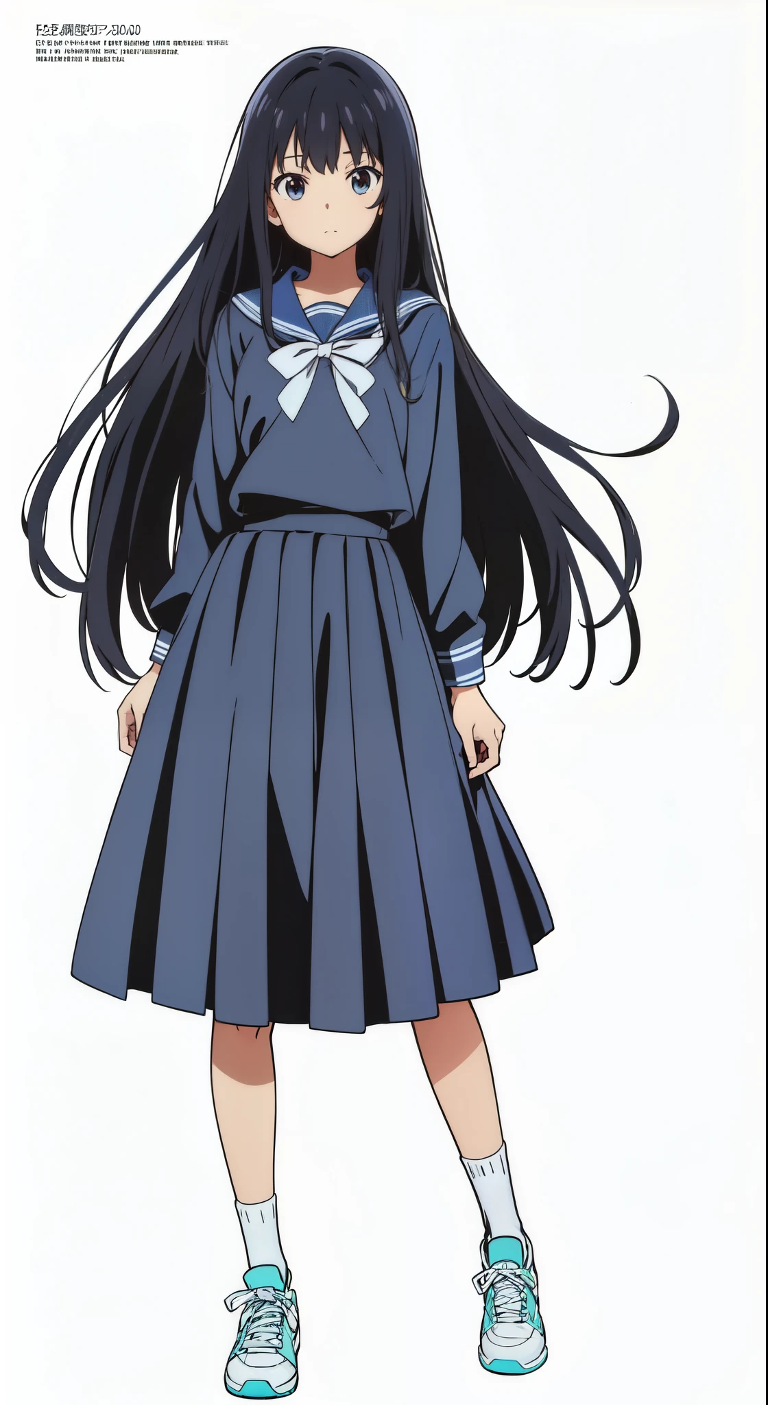 (white background:1.0), (anime:1.0), (official art:1.0), (best quality:1.0), (masterpiece:1.0), (full body:1.0), (solo:1.0), (a 15yo cute girl:1.0), (long skirt:1.3), (dark blue skirt:1.0), (pleated skirt:1.2), (dark blue sailor uniform:1.0), (long sleeve sailor uniform:1.2), (sneakers:1.0), (white socks:1.2), (ideal ratio body proportions:1.2), (lanky:1.2), (tall:1.2), (slender:1.2), (small breasts:1.2), (smaller face:1.2), (tareme:1.5), (detailed beautiful eyes:1.0), (detailed beautiful face:1.0), (glowing black eyes:1.0), (medium hair:0.5), (black hair:1.0), (standing:1.0), (looking at viewer:1.0)