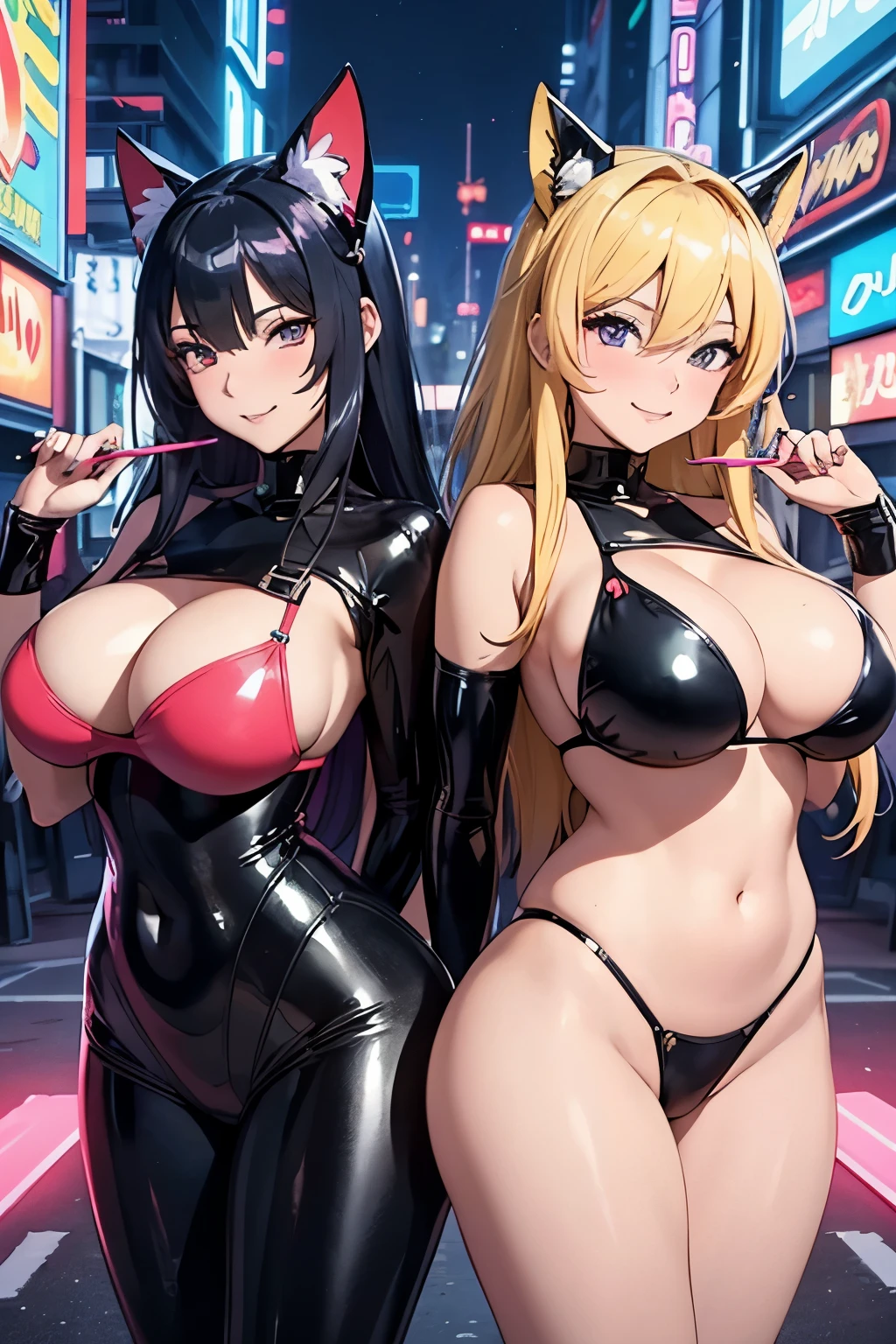 masterpiece, top quality, 16K UHD,
two beautiful and extremely sexy girls,
happily displaying ample cleavage and broad smiles,
back to back, wearing skintight latex bikinis --anime style,
striking a playful pose,
surrounded by a vibrant, futuristic cityscape,
neon lights illuminating the night,
dual tail streams flowing behind them,
anime aesthetics visible in their features and expressions.