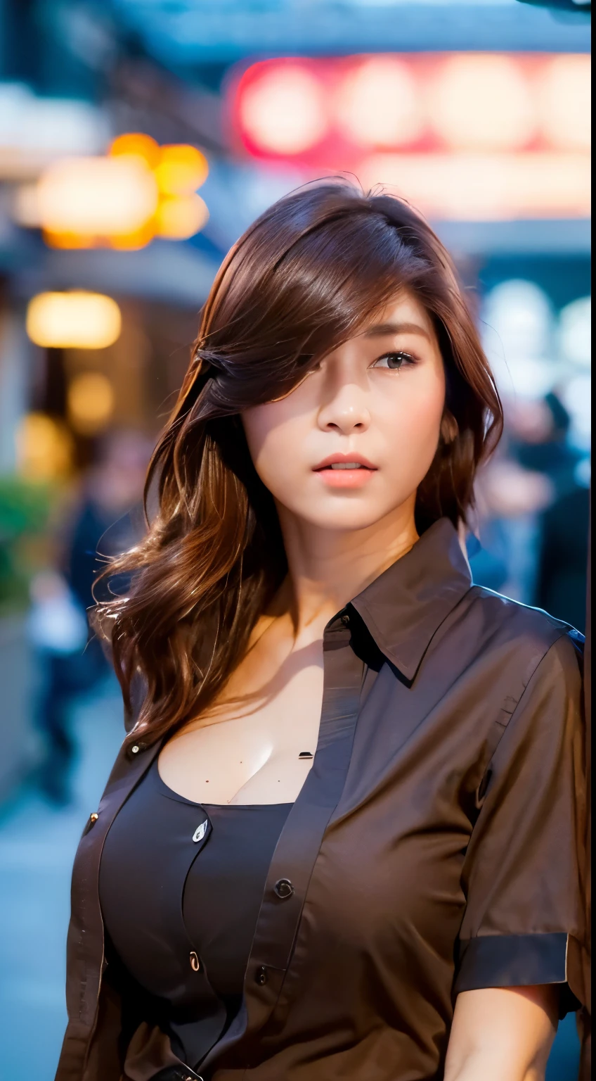 ((Best quality, 8k, Masterpiece :1.3)), Sharp focus :1.2, A pretty woman with perfect figure :1.4, Slender abs :1.2, ((Dark brown hair, huge breasts :1.4)), (wearing button up shirt, Jean :1.1), City street:1.2, Highly detailed face and skin texture, Detailed eyes, Double eyelid, photo of jessica ve