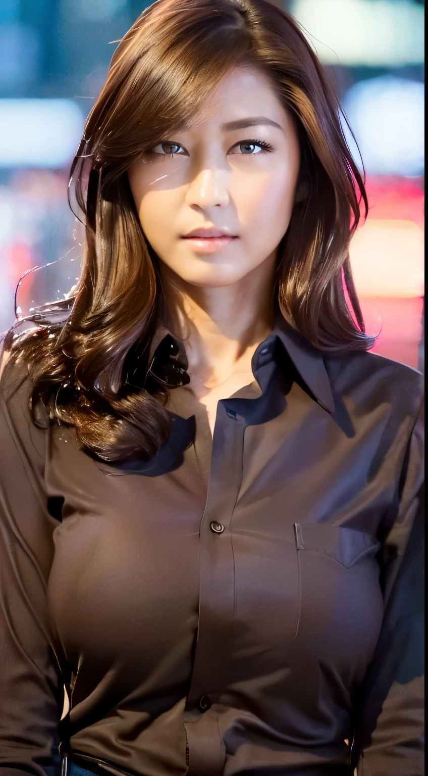 ((Best quality, 8k, Masterpiece :1.3)), Sharp focus :1.2, A pretty woman with perfect figure :1.4, Slender abs :1.2, ((Dark brown hair, huge breasts :1.4)), (wearing button up shirt, Jean :1.1), City street:1.2, Highly detailed face and skin texture, Detailed eyes, Double eyelid, photo of jessica ve