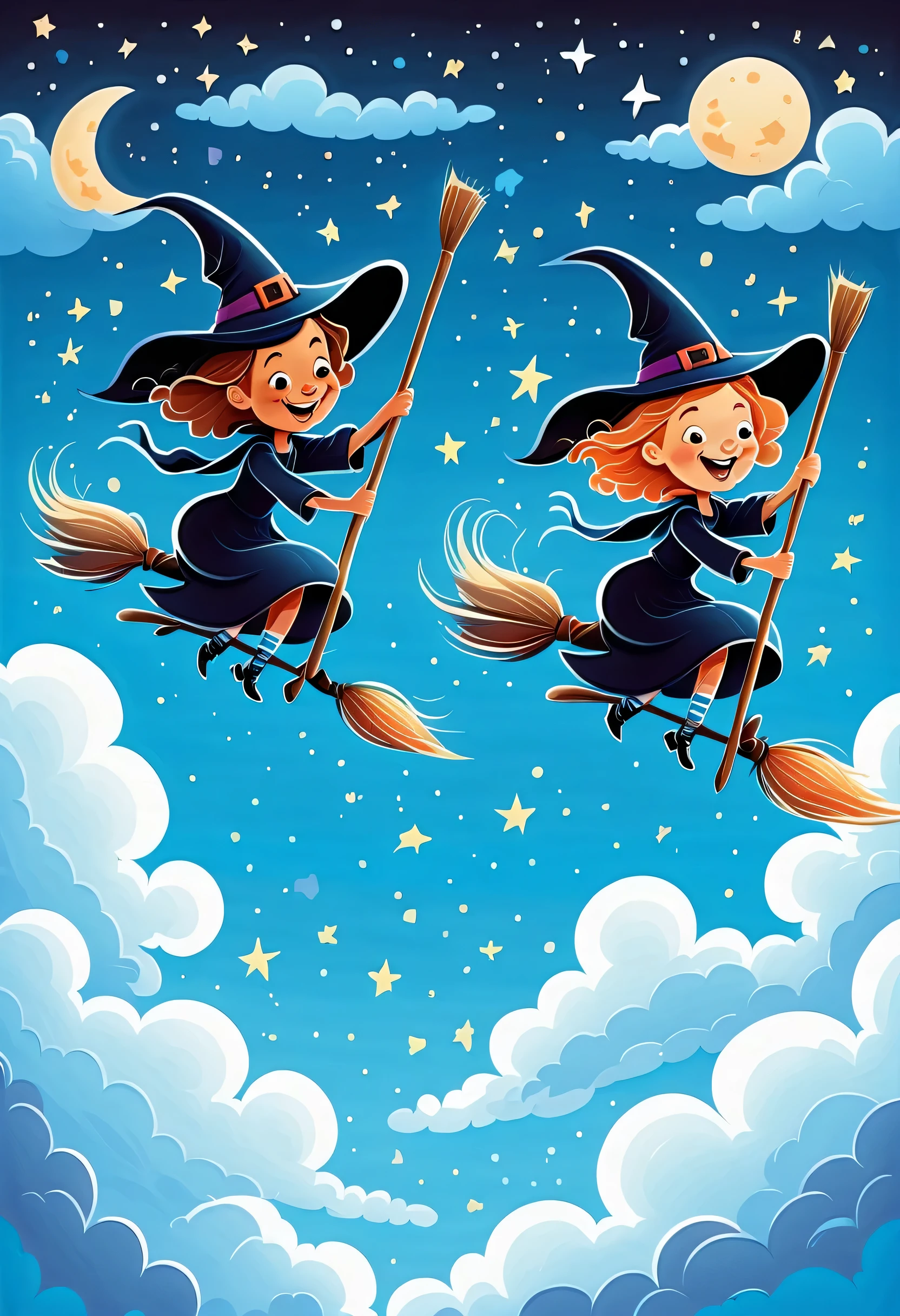 a cartoon illustration:in the sky,Two happy witches flying on broomsticks,laughing out loud,air racing,fluffy clouds,Rear view,glistening stars,dreamy blue sky,