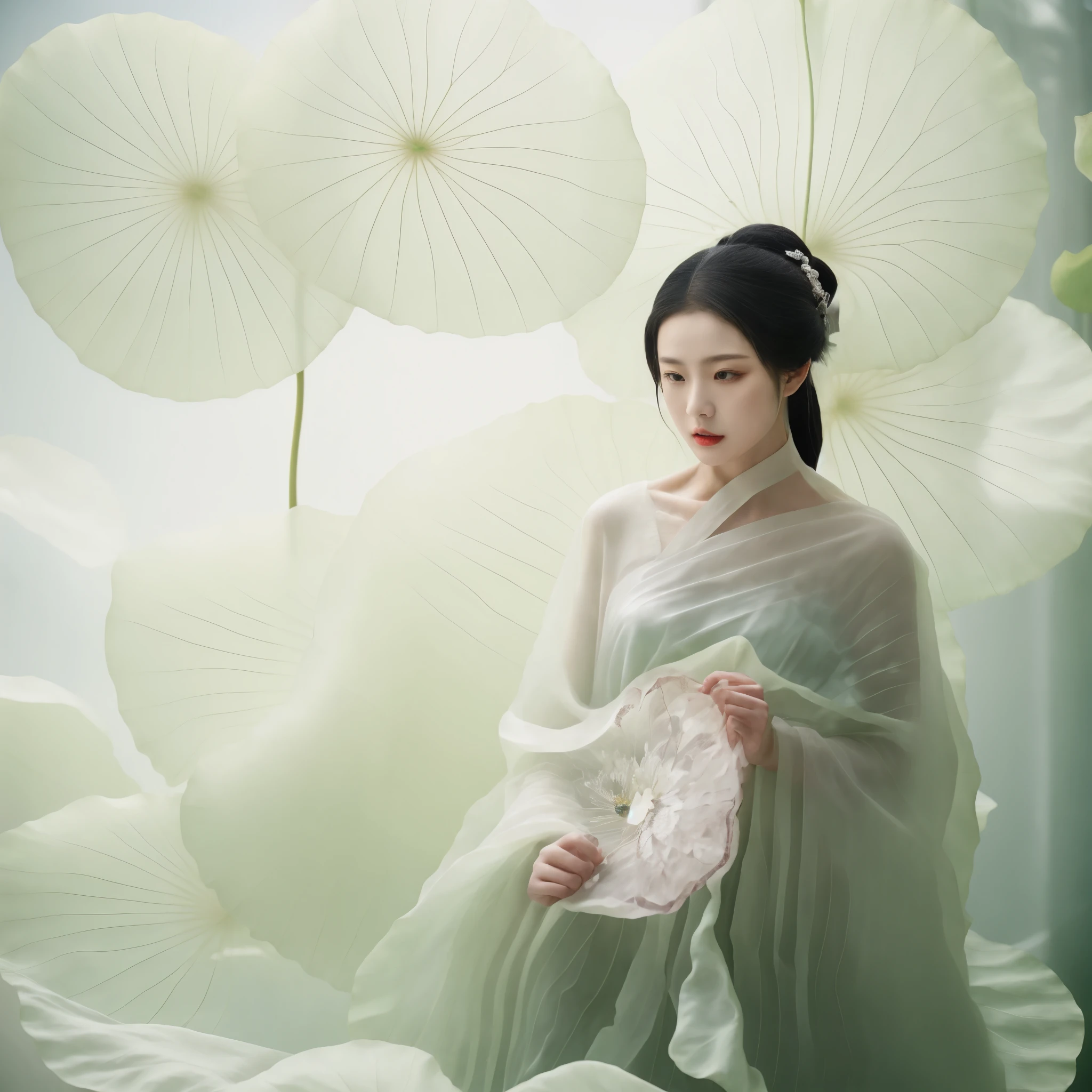 有一个穿着白色dress的女人拿着一把粉红色的扇子, palace ， A girl wearing Hanfu, Inspired by Tang Yifen, white hanfu, Inspired by Tang Yin, jingna zhang, Inspired by Yoon Doo-ri, Inspired by Zhang Yan, Inspired by Qiu Ying, Inspired by Chen Yifei, Inspired by Zhang Wo, Chinese fantasy，1 girl，solo，Giant lotus leaf，black hair，dress，looking at the audience，whiteskirt，bun，sitting，单bun，Leaves，long sleeves，red lips，Realistic