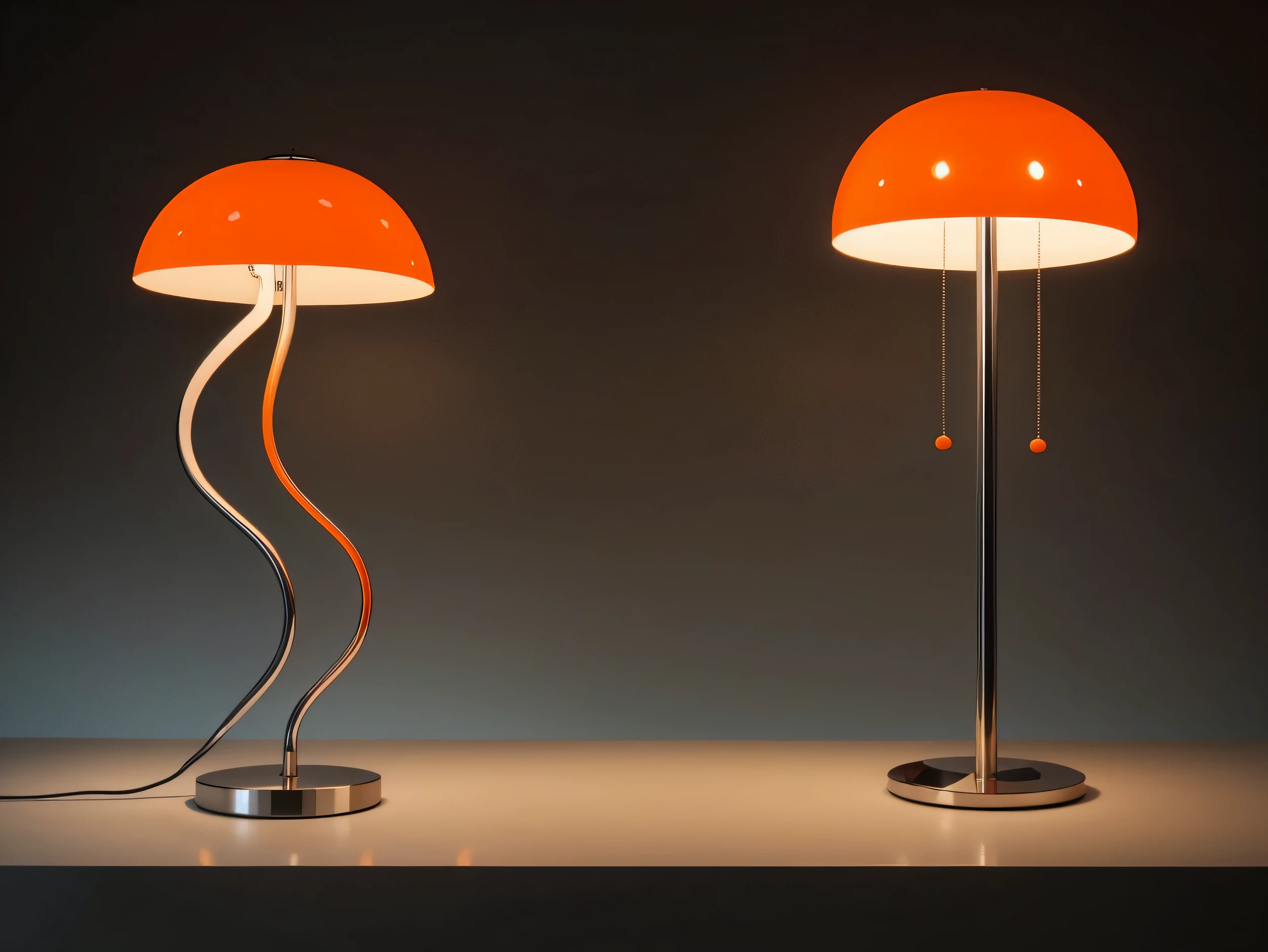 There is a modern design lamp in stainless steel that illuminates much of the head of the standing goddess Medusa to brighten your day... The perfect and symmetrical eyes of the jellyfish are the ones that illuminate everything orange with touches of neon red.. Polished and shiny steel lamp with Philippe Starck style design, Foto realista., High Definition, captura la imagen con una Leica O-Series No. 105.