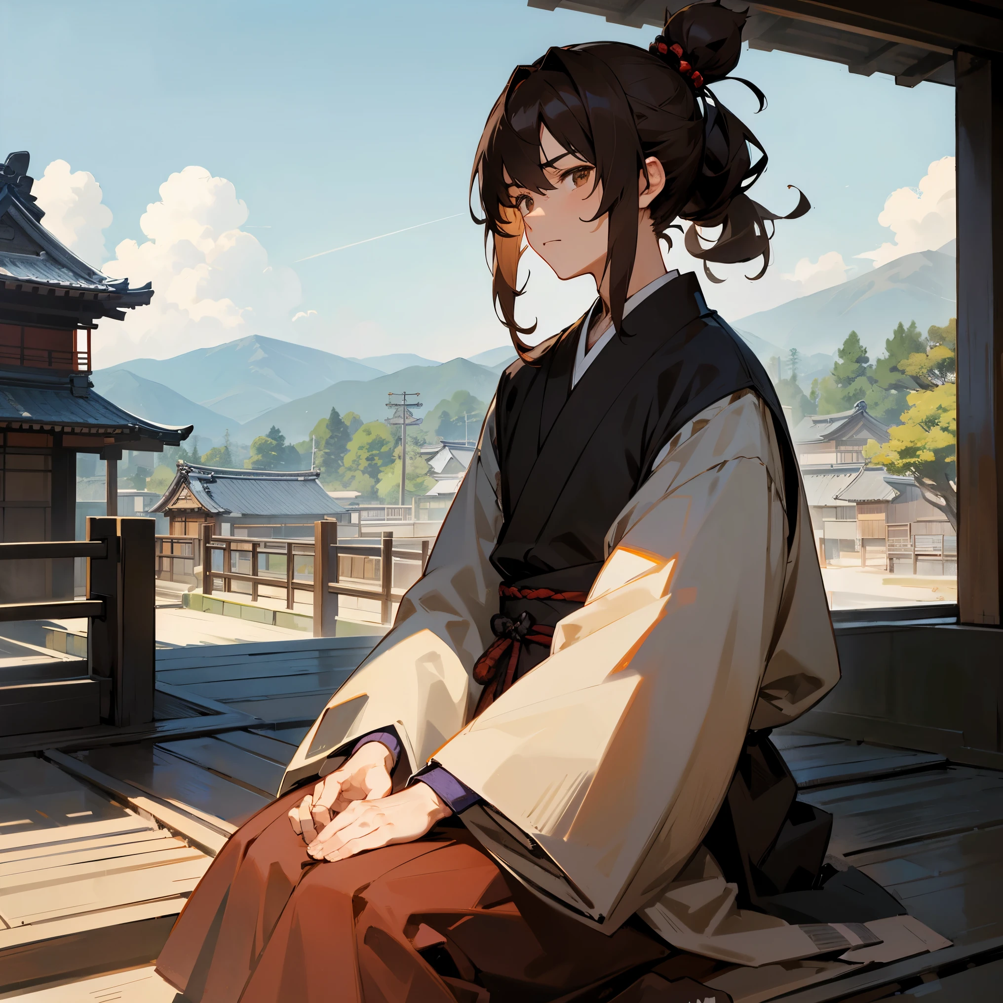 1male , Yukata , Samurai Clothing , layered hair, dark brown hair, wavy hair, top knot hair, Bob length hair , Sunny Day , Hands resting at sides , Serious Expression , Old Japanese Village Background , Adult Male