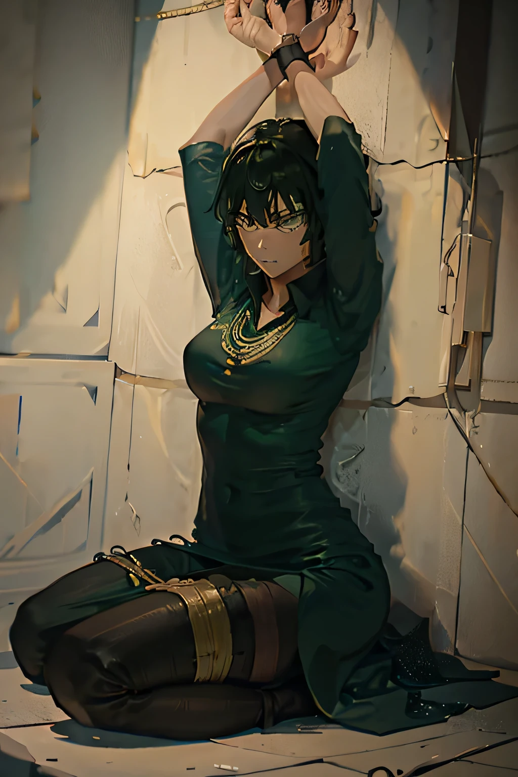 fubuki, green hair, taut clothes, jewelry, necklace, tied_wrist, tape gag, duct tape, tied, on her knees