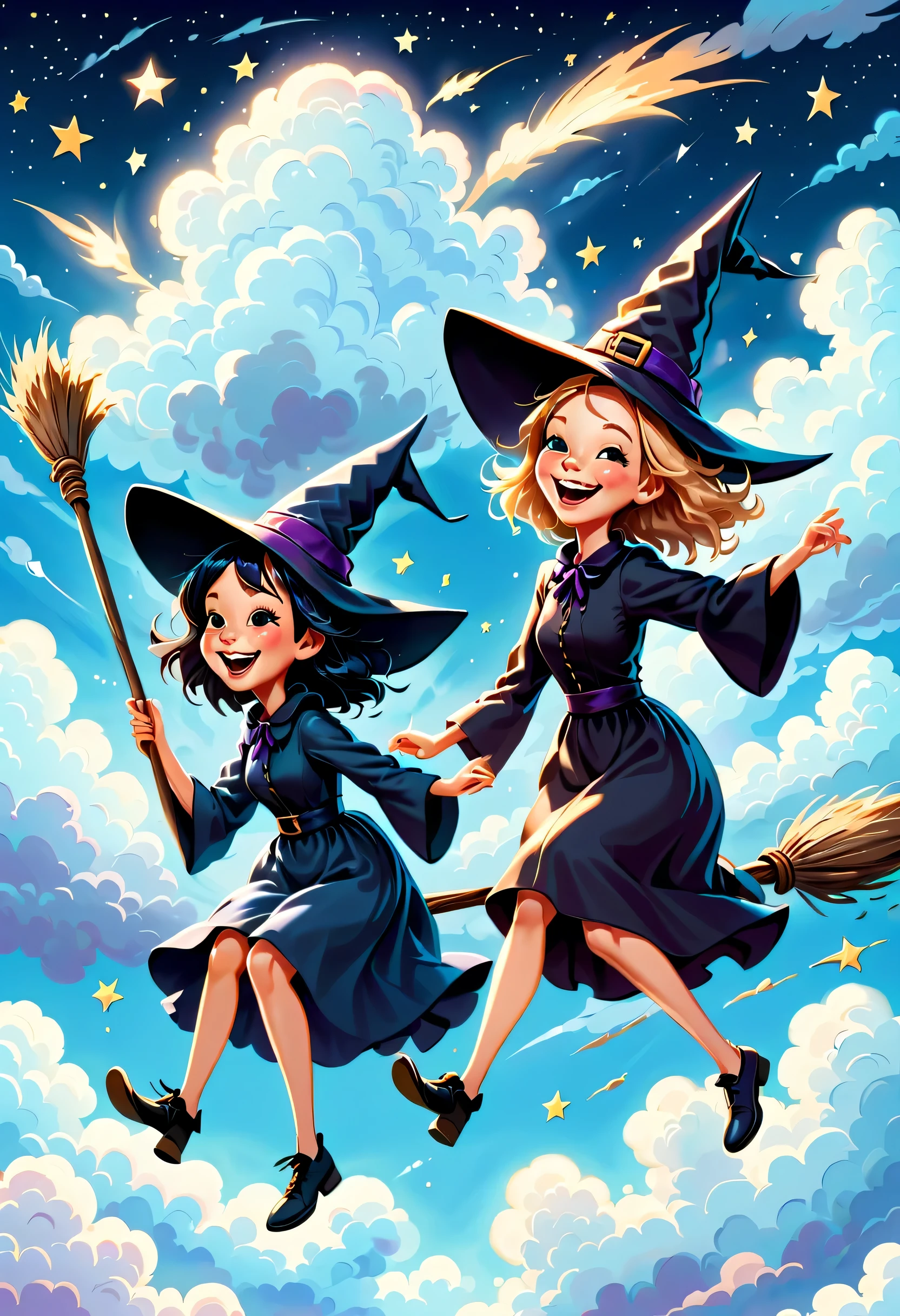 a cartoon illustration:in the sky,(Two happy witches flying on broomsticks),laughing out loud,air racing,fluffy clouds,Rear view,glistening stars,dreamy blue sky,