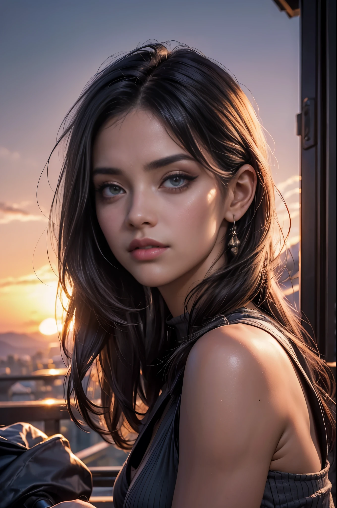 no cais de madeira, (Tampo do tanque:1.2), (Top de cabresto rosa:1.4), 1girl, Totalmente vestido, Olhando para o Viewer, (close extremo para cima, ECU, tiro de rosto completo:1.3), (rosto detalhado:1.4), (candid photograph:1.2), Colouring, Content, Relaxed, sorriso suave, (cabelo na altura dos ombros:1.3), (foundation, Corretivo, mascara, bochechas rosadas, smokey eye makeup, batom:1.3), nail polish, (Beautiful, gorgeous, Flawless complexion:1.2), grampos de cabelo, faixas de cabelo, fitas, Lip gloss, bright lips, sardas, rosa antiga, rustic brown, bege quente, azul empoeirado, azeitona desbotada, Standing, (Sunset, Twilight:1.25), fcDetailPortrait, fotografia profissional, HDR (high dynamic range), Subsurface scattering, Realistic, sombra pesada, master part, ultra realistic, high resolution, proportion Aurea, rule of thirds, intrincado, High detail, cinematic movie photograph, DSLR, (cabelo para cima no rabo de cavalo:1.3), (olhos azuis:0.8), Cabelo Moreno