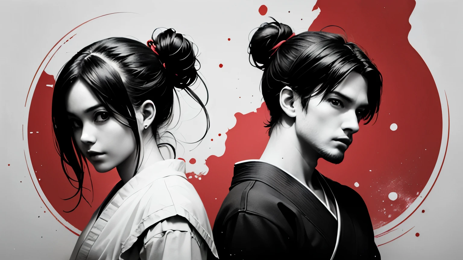 Two male and female ninjas、The man is a handsome, strong ninja with short hair and stubble.、The woman is a very beautiful kunoichi with long hair tied in a bun.、front、Staring at me、Ninja masterpiece, by Ase Berg, High Contrast Color Detail, black and white and red, anime style, japanese theme, very detailed, super high quality, 16K, complex lighting, chiaroscuro, One color ink spot on a dim red background, Drawing stroke made with 0.5mm rotring pen