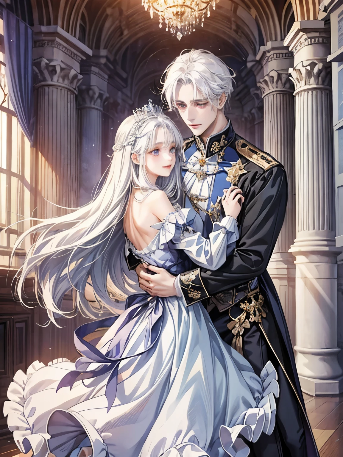 one girl、noble、daughter、white hair、purple eyes、droopy　eyes、Navy Blue Dress、ribbon、very cute、palace、Princess、long hair、high resolution、smile、long sleeve、white handbag、Dancing the waltz、Handsome guy、man hugging waist