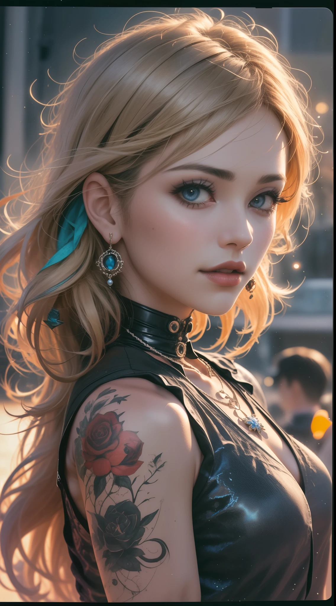 Best quality, masterpiece, high resolution, single girl, hair ornament, necklace, jewelry, beautiful face, body, tyndall effect, photorealistic, dark studio, rim lighting, two-tone lighting, (high definition skin: 1.2), 8k uhd, dslr, soft lighting, high quality, volume lighting, candid, photography, high resolution, 4k, 8k, bokeh, medium breasts, protruding, open fingers, ( Hair Color: Blonde: 1)