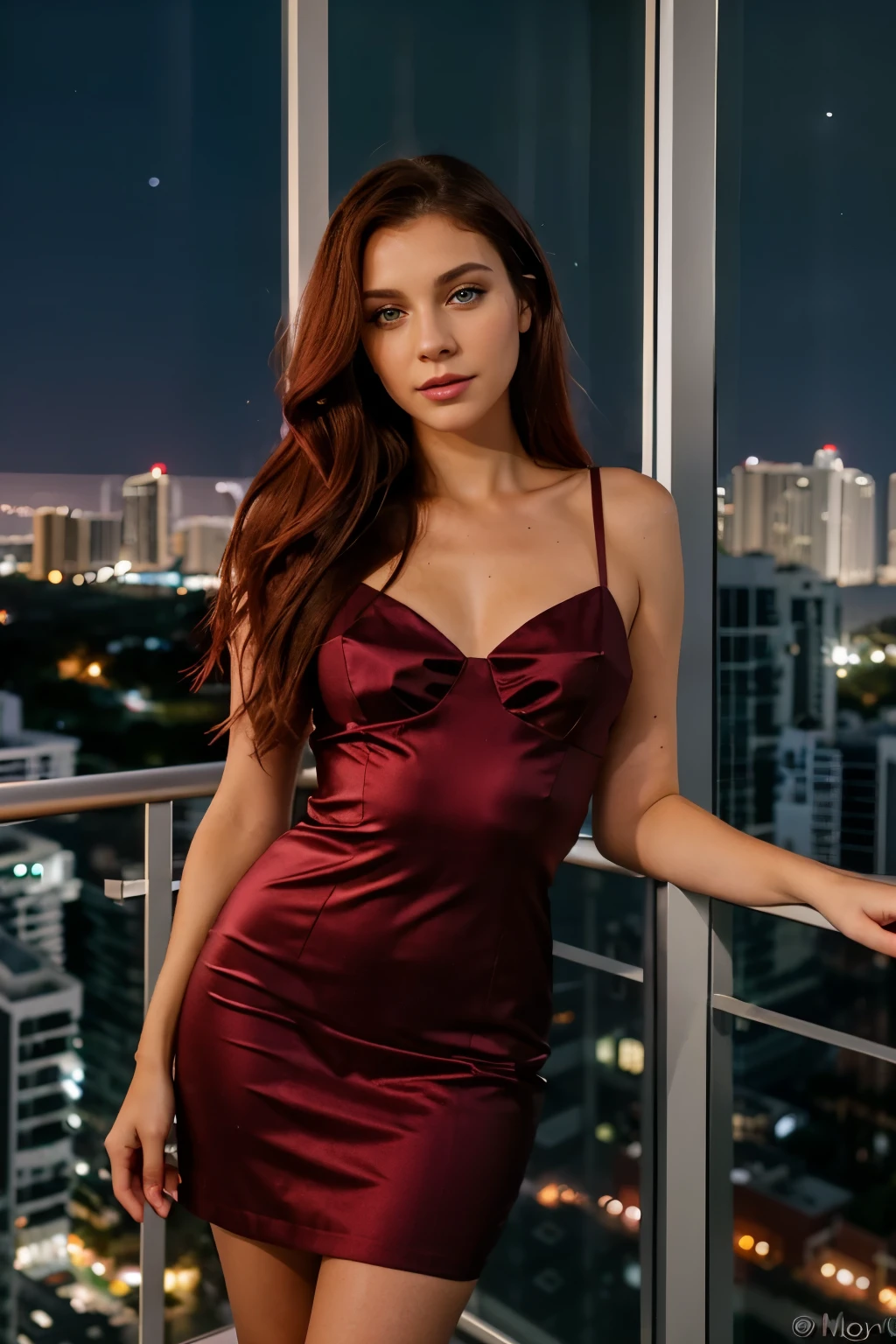 "(8k, raw photo, highest quality, masterpiece: 1.2), 25 year old with red hair and blue eyes, ultra-thin rendering, clearly visible, in his elegant penthouse suite in downtown Miami, overlooking the Miami skyline the city and the ocean, dressed in a beautiful long burgundy dress. with an energetic and vibrant demeanor, sharing her lively nighttime routine with a touch of femininity and Miami style. Best quality, high resolution) girl with dark hair and dark eyes ..kodak iso 400 film, hyperrealism, detailed city skyline, detailed skin texture.during the night, night shot.she looks at the city from her balcony, you can't see her face only her hair.