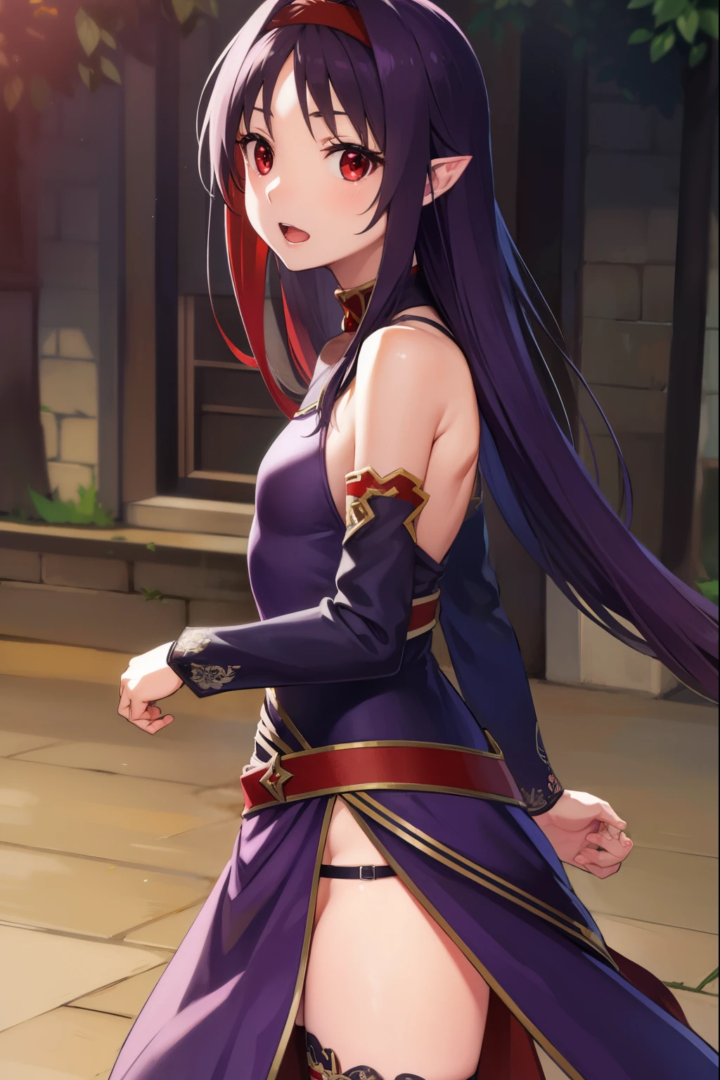 yuukikonno, yuuki konno, hairband, long hair, pointy ears, purple hair, (red eyes:1.5), (small breasts:1.2), open mouth,
BREAK black thighhighs, detached sleeves, thighhighs, dress, purple dress, armor, purple armor,
BREAK looking at viewer, upper body, full body,
BREAK outdoors, forest, nature,
BREAK (masterpiece:1.2), best quality, high resolution, unity 8k wallpaper, (illustration:0.8), (beautiful detailed eyes:1.6), extremely detailed face, perfect lighting, extremely detailed CG, (perfect hands, perfect anatomy),