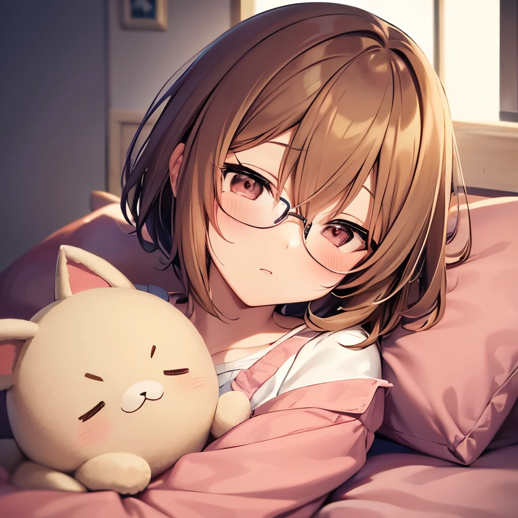 An anime-style illustration of a girl with light brown hair with a hint of pink, cut in a short bob and wearing glasses, sleeping peacefully in pajamas on a canopy bed at night. Next to her pillow, there is a plush toy. The scene conveys a serene and cozy atmosphere, with the room dimly lit by moonlight filtering through a nearby window, casting soft shadows and highlighting the gentle expression on her face. The plush toy adds a touch of innocence and comfort to the scene.