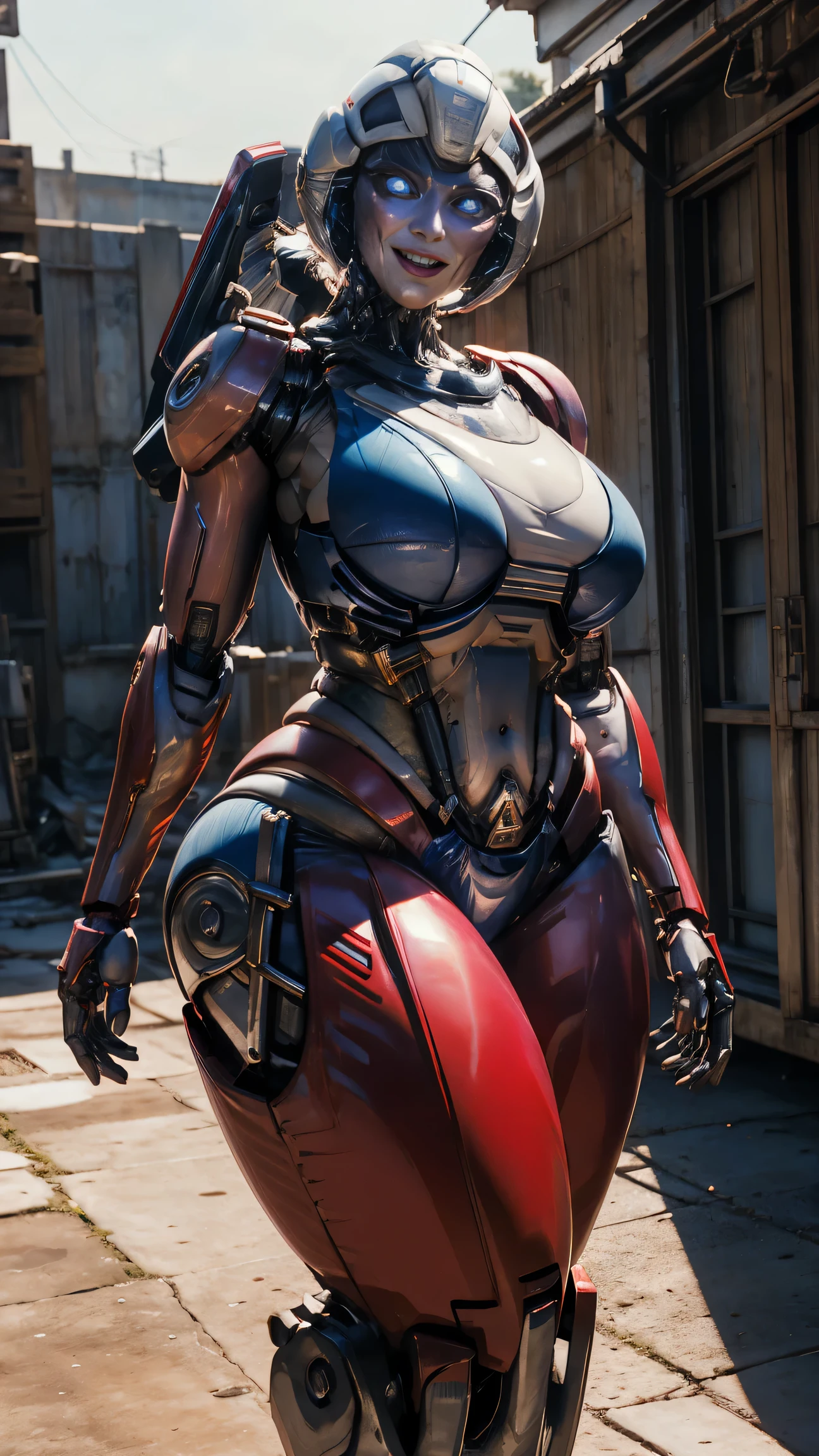 ROTB_Arcee, 1girl, big breasts, smile, robot, mecha, (glowing eyes:1.2), outdoors, wide hips, navel, thick thighs, blue bra, blue panties, big ass, sexy pose, tall