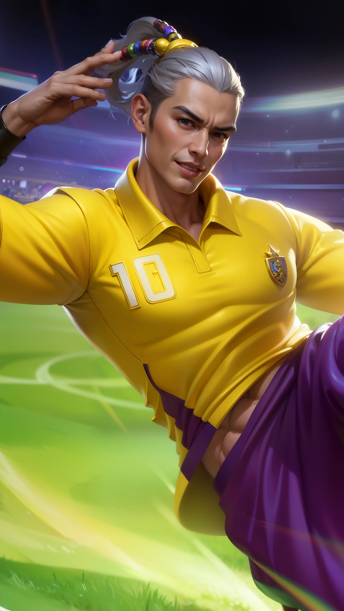 Masterpiece, ultra HD, detailed all picture, a close up of a devil, bruno from mobile legend, evil, extremely detailed artgerm, mobile legends character, inspired by bruno, Six pack chest and abs, yellow jewel above the chest.