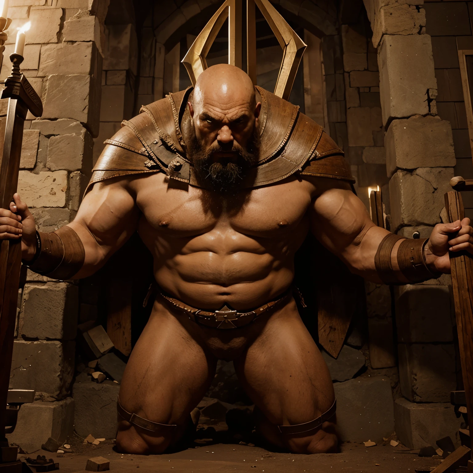 Create a detailed image of a giant like the bible's goliath, e muitas pessoas de frente para ele